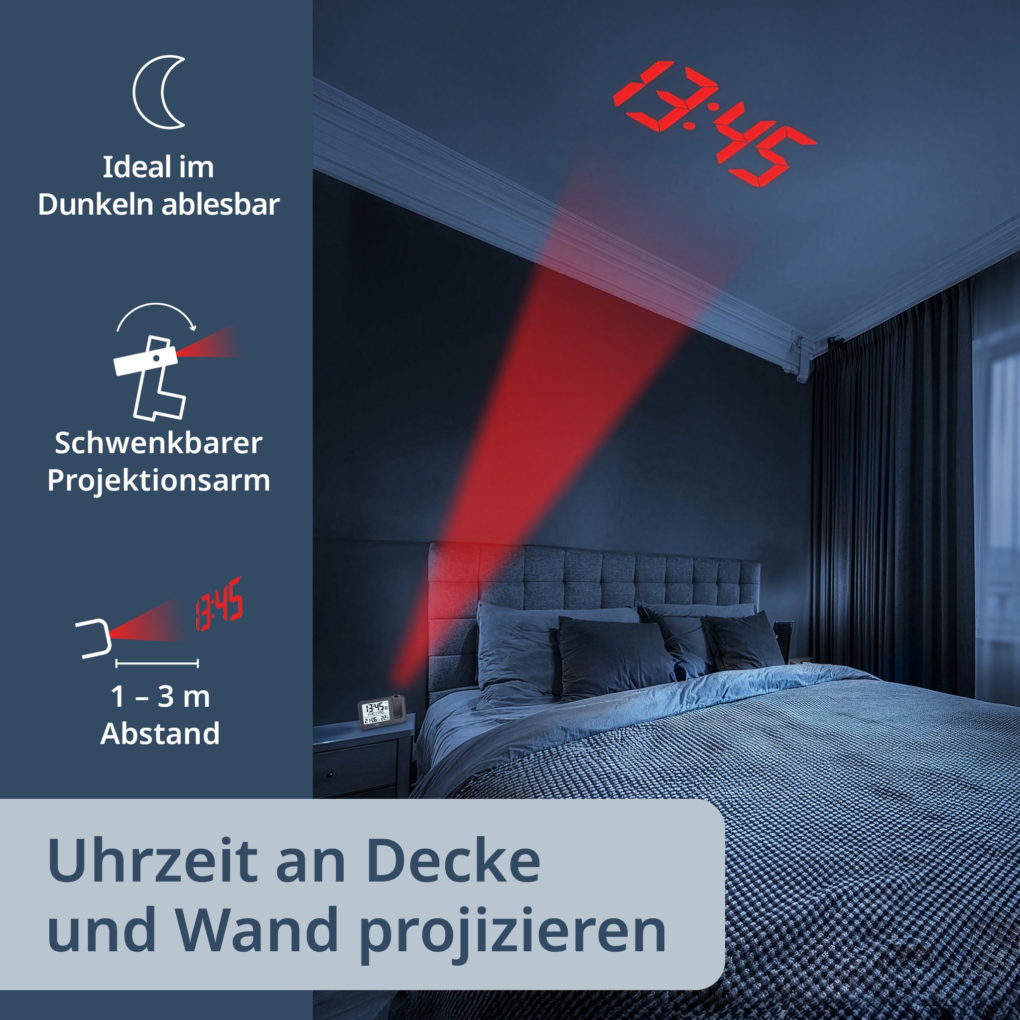 ADE Projektionswecker Digital mit Projektion an Decke & Wand, Projektionsuhr, 180° drehbar Funkuhr mit Kalender & Temperatur, inkl. 3 AAA Batterien & Netzteil