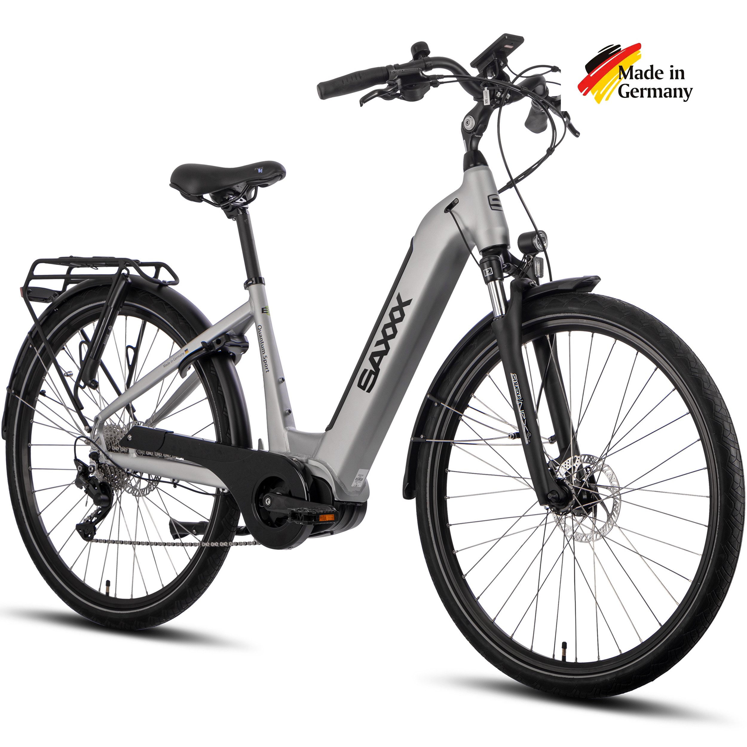 SAXXX E-Bike Trekkingrad Damen u. Herren 28'' SAXXX QSW, 540Wh, 60-100m, hydr. Scheibenbremsen, 10 Gang SHIMANO Deore Schaltwerk, Kettenschaltung, Mittelmotor, 540 Wh, (mit entnehmbarem Akku, mit Akku-Schlüssel, mit Gepäckträger), 25km/h, Pedelec E-Trekkingrad mit Tiefeinstieg, 130kg