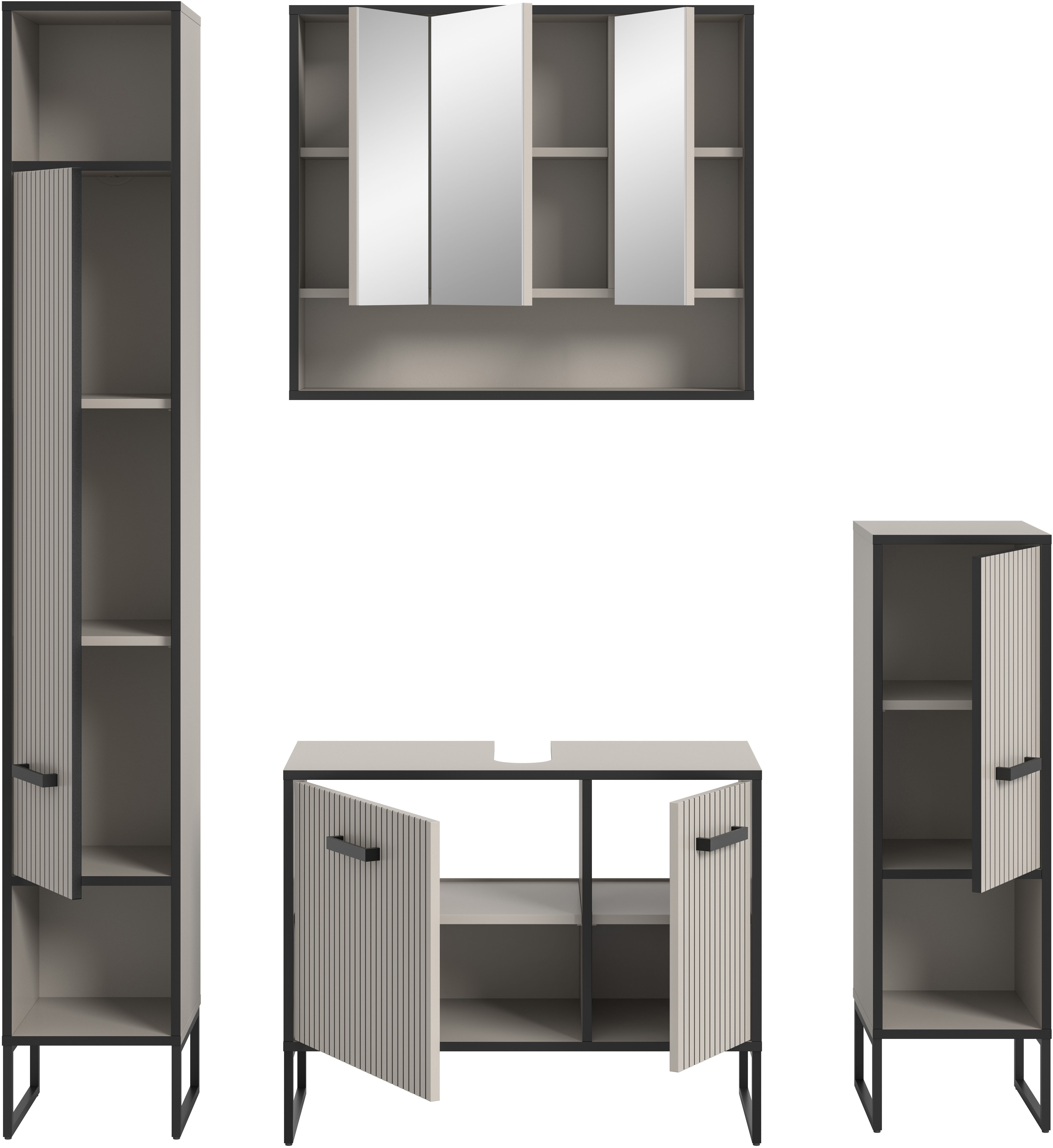 welltime Badmöbel-Set Locri, Breite 170 cm, Rillenoptik, Metallkufen, (4-St), Hochschrank, Waschbeckenunterschrank, Spiegelschrank, Standschrank