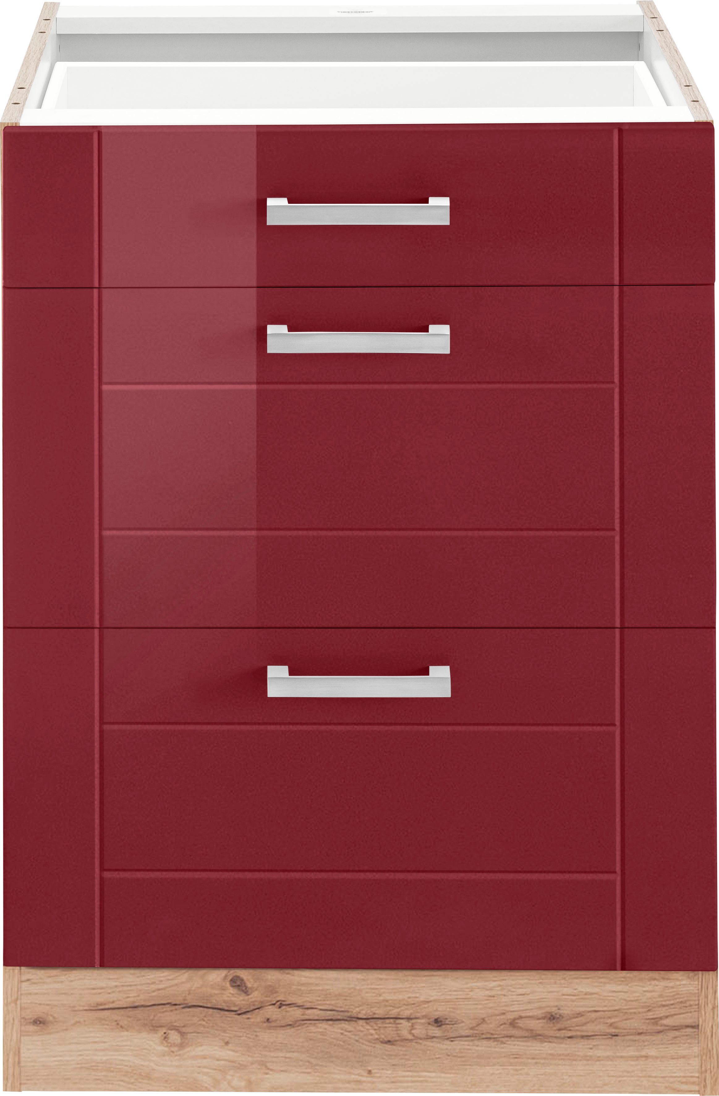 HELD MÖBEL Auszugsunterschrank Tinnum 60 cm breit, MDF-Fronten, Metallgriff, 1 Schubkasten, 2 Auszüge rot | wotaneiche | Unterschränke