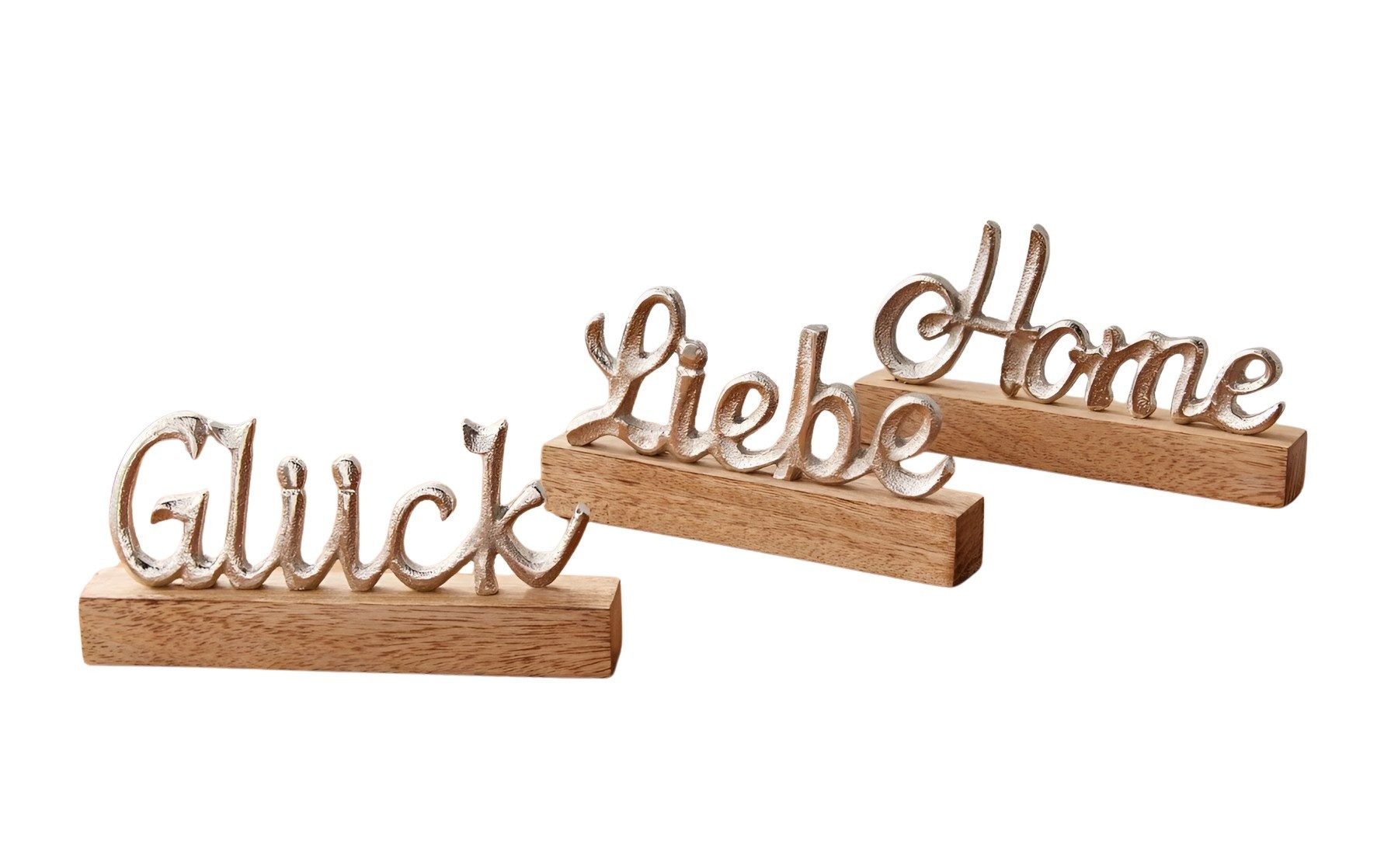 Deko-Schriftzug "Liebe, Home & Glück" aus Aluminium in silber & Sockel aus Mangoholz