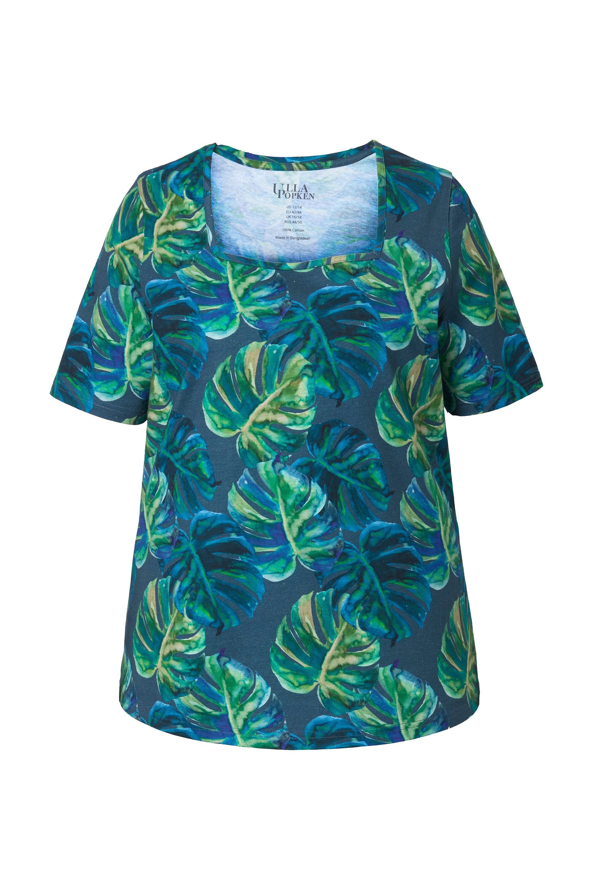 Longshirt Longshirt Blätter A-Linie Carré-Ausschnitt Halbarm