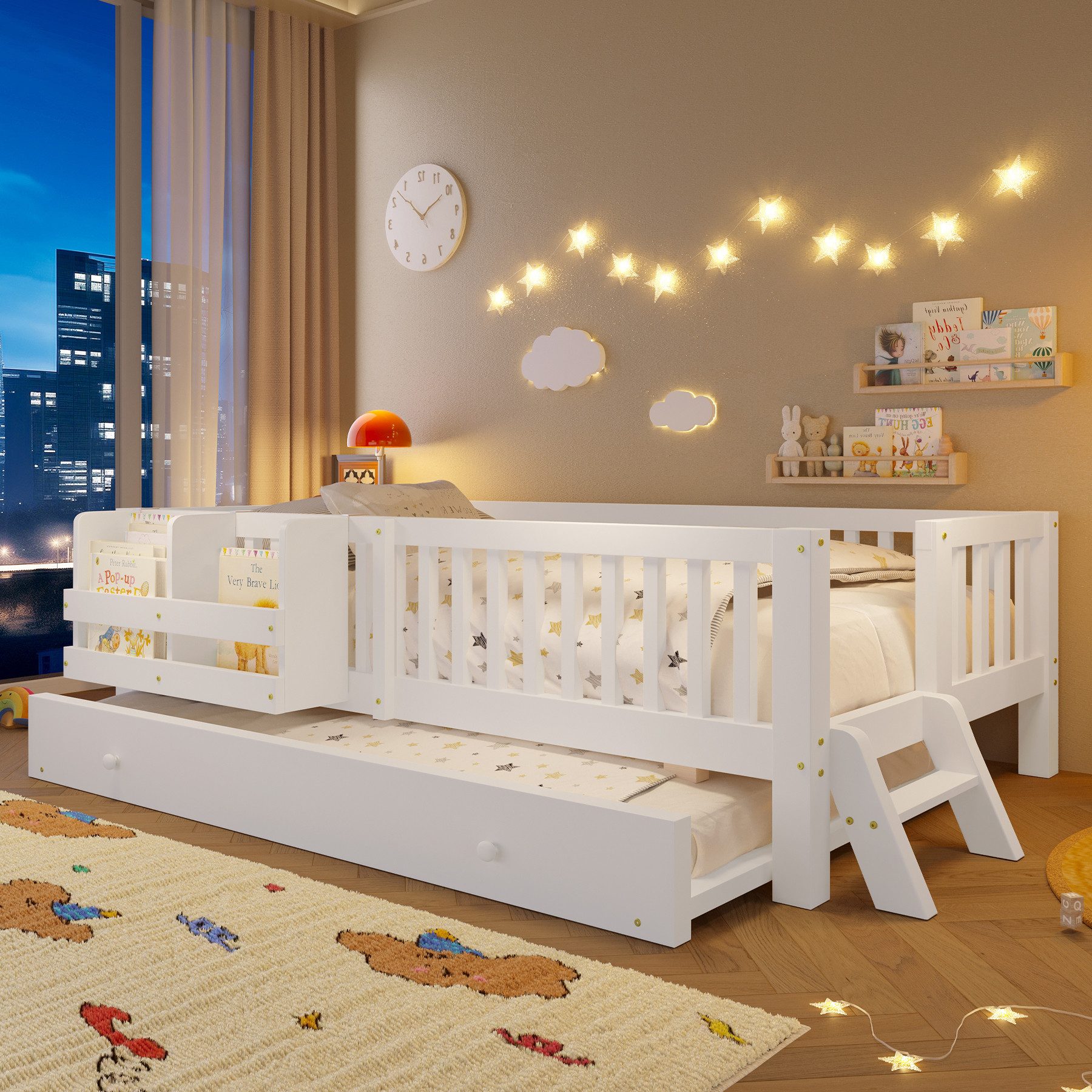Flieks Massivholzbett, Kinderbett 90x200cm mit Ausziehbett 90x190cm, Ablagefächer, Geländer