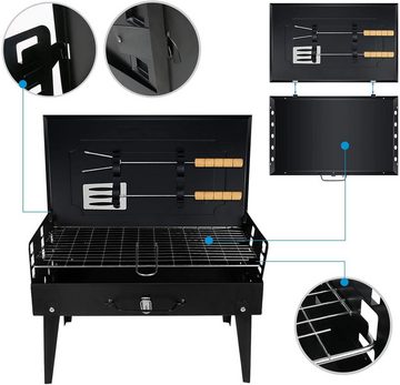 SunJas Holzkohlegrill CA-07, Tragbare Grill, 2tlg Grillbesteck, BxTxH: 42 x 27 x 29 cm Metal-Campinggrill, Holzkohle Klappgrill mit Deckel, Kohle BBQ Barbeque Camping Picknickgrill, Terrasse Tragbar Grill, Garten Tischgrill