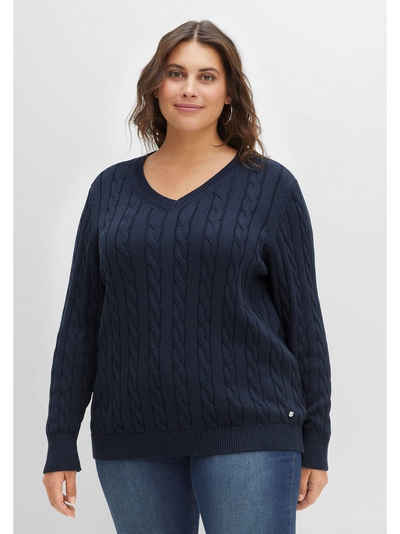 Sheego V-Ausschnitt-Pullover »Pullover« aus Baumwolle, mit Zopfmuster