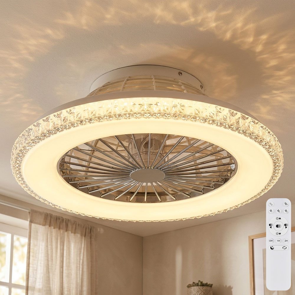 GLOBO LIGHTING Deckenleuchte, LED-Leuchtmittel fest verbaut, Kaltweiß, Warmweiß, Tageslichtweiß, Deckenventilator Deckenlampe dimmbar Fernbedienung Kristall LED D 50cm