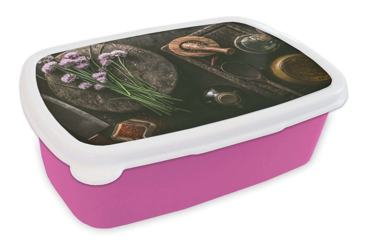 Snackbox, Kinder, Brotbox rosa Lila, Schnittlauch Rustikal MuchoWow - Kunststoff - Kräuter für - Lunchbox Mörser - - Erwachsene, Brotdose Mädchen, Küche (2-tlg), Kunststoff,