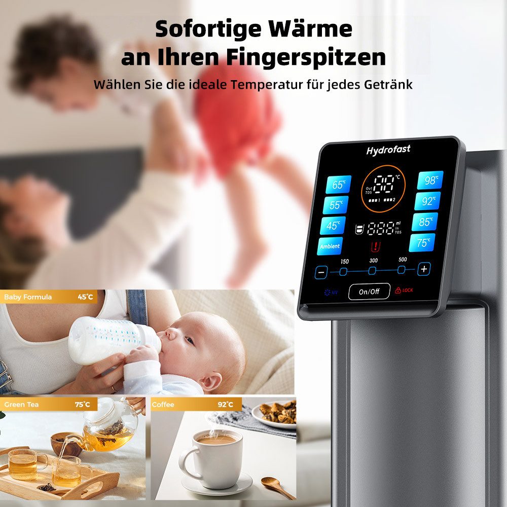 Hydrofast Wasserfilter W100 Tisch-Wasseraufbereiter mit Heiß- und Trinkwasser, Umkehrosmose, 8 Temperaturstufen, 6-stufige Filtration, UV-Sterilisation
