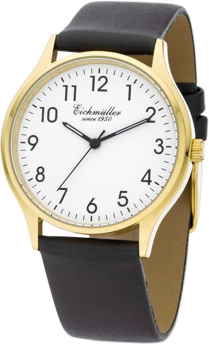 Eichmüller Quarzuhr Herrenuhr Flaches IP-Gold-Gehäuse 38 mm Weißes Zifferblatt 3050-03, Braunes Lederarmband, Klassische Armbanduhr für Business und Freizeit