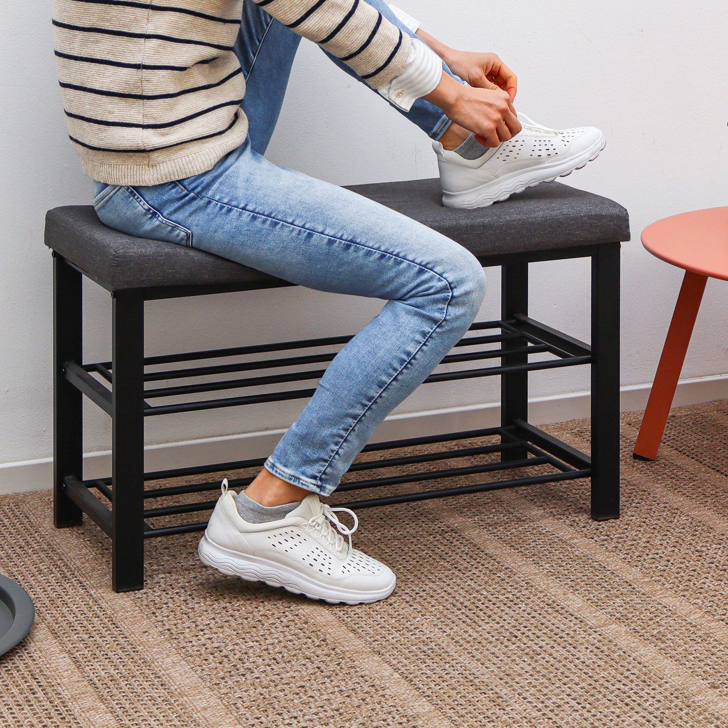 DuneDesign Schuhregal 81 x 32 x 46 cm Schuhbank mit Ablagen & Sitzfläche - Sitzbank Metall, Garderobenbank Flur - Flurbank mit Polster - Polsterbank für Garderobe