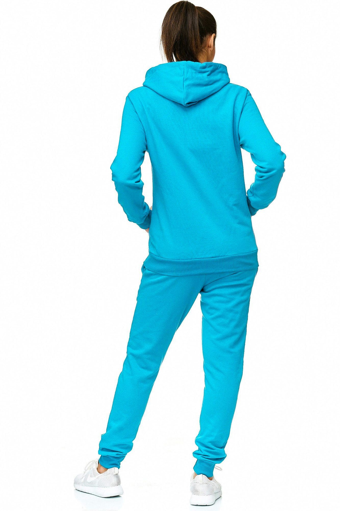 L.gonline Freizeitanzug Damen Jogginganzug einfarbig 100% Baumwolle 586 Türkis XXL (Kapuzenjacke mit Reißverschluss, Hose, 2-tlg), Fitness Freizeit Casual – Bild 4 von 5