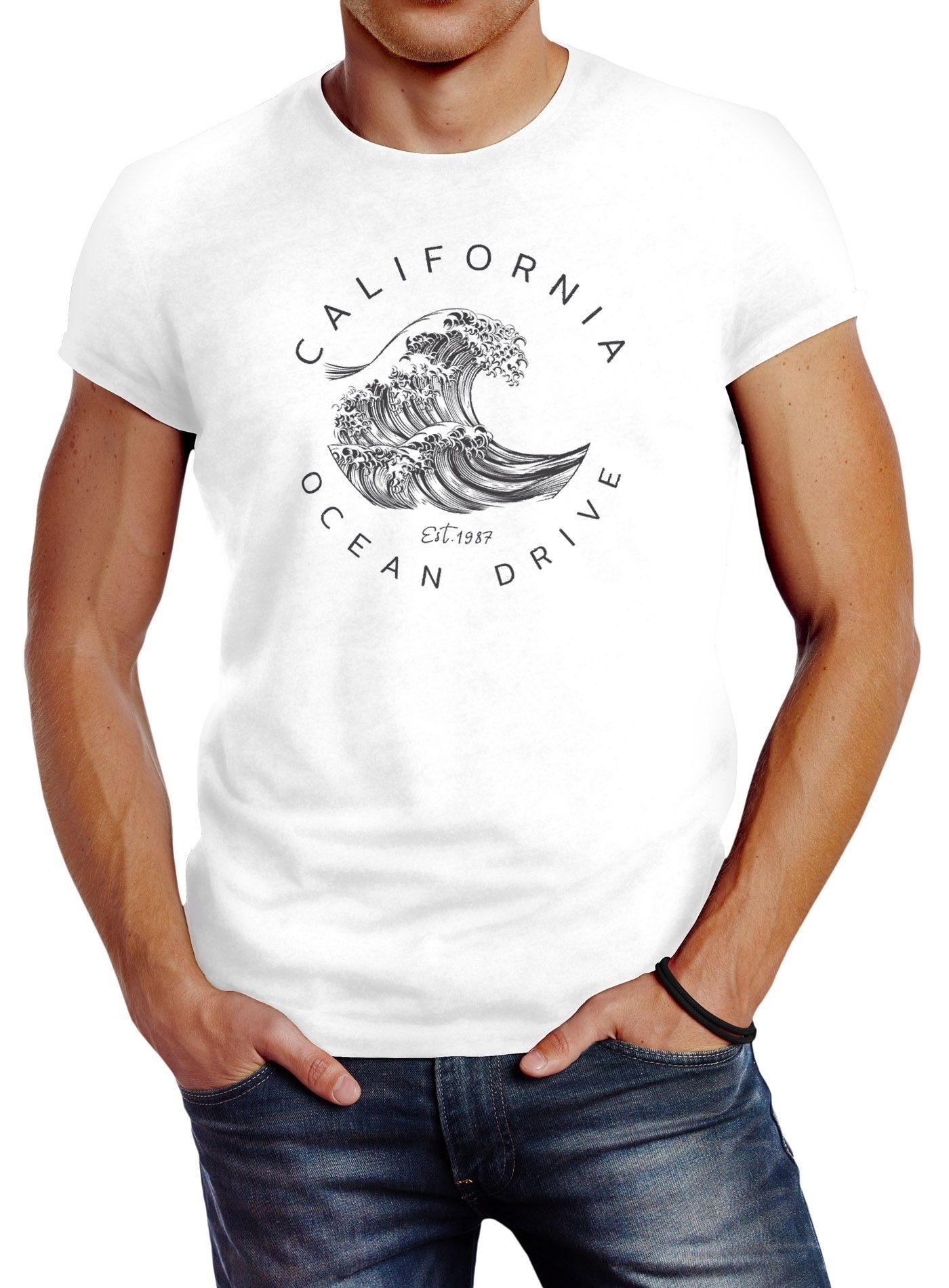 Print-Shirt weiß Wave Neverless® Neverless Fit Welle Drive Summer Surf California T-Shirt Ocean Herren Slim Print mit