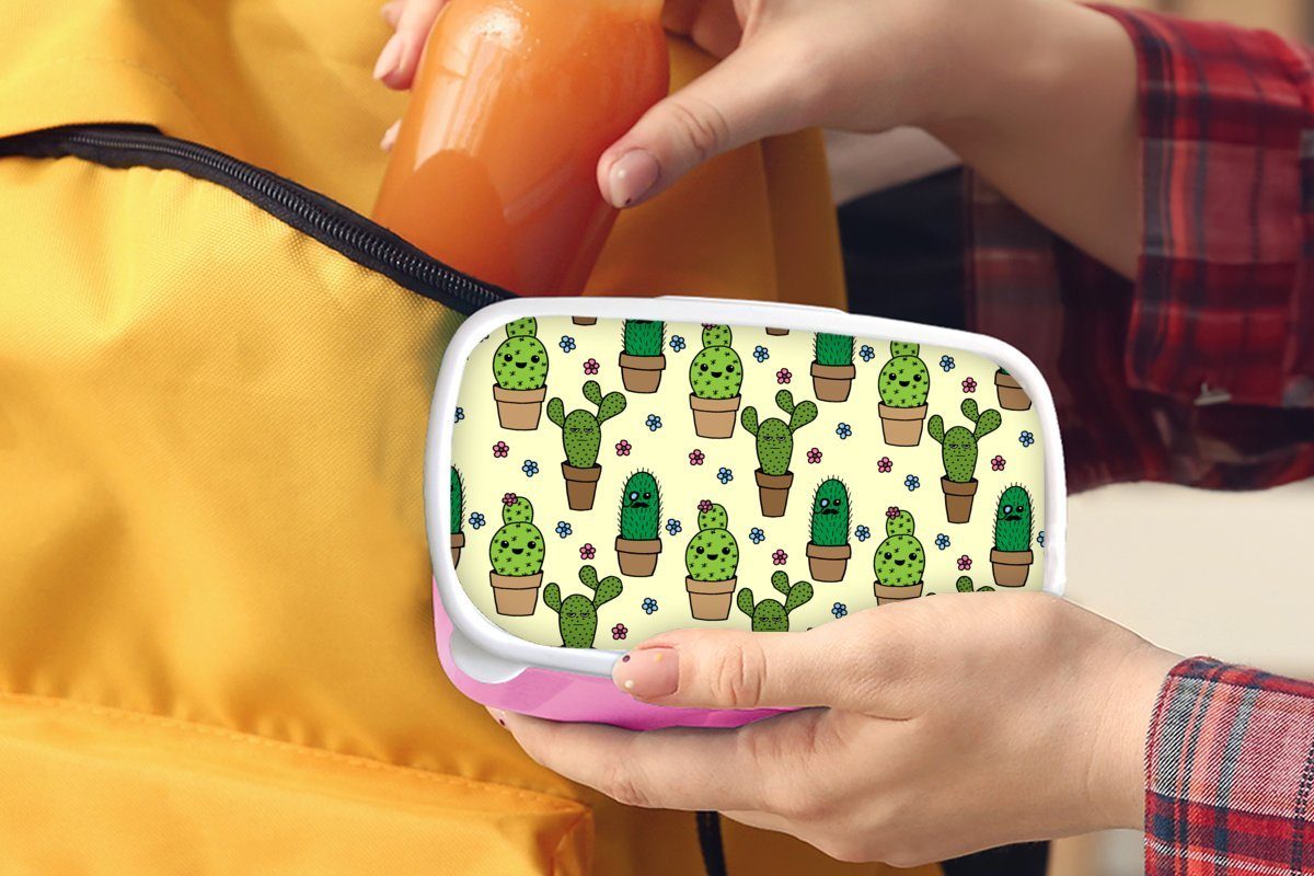 Kunststoff für - MuchoWow Brotbox Kunststoff, Lunchbox Mädchen, Blumen, Brotdose rosa Kaktus Muster Erwachsene, (2-tlg), - Snackbox, Kinder,