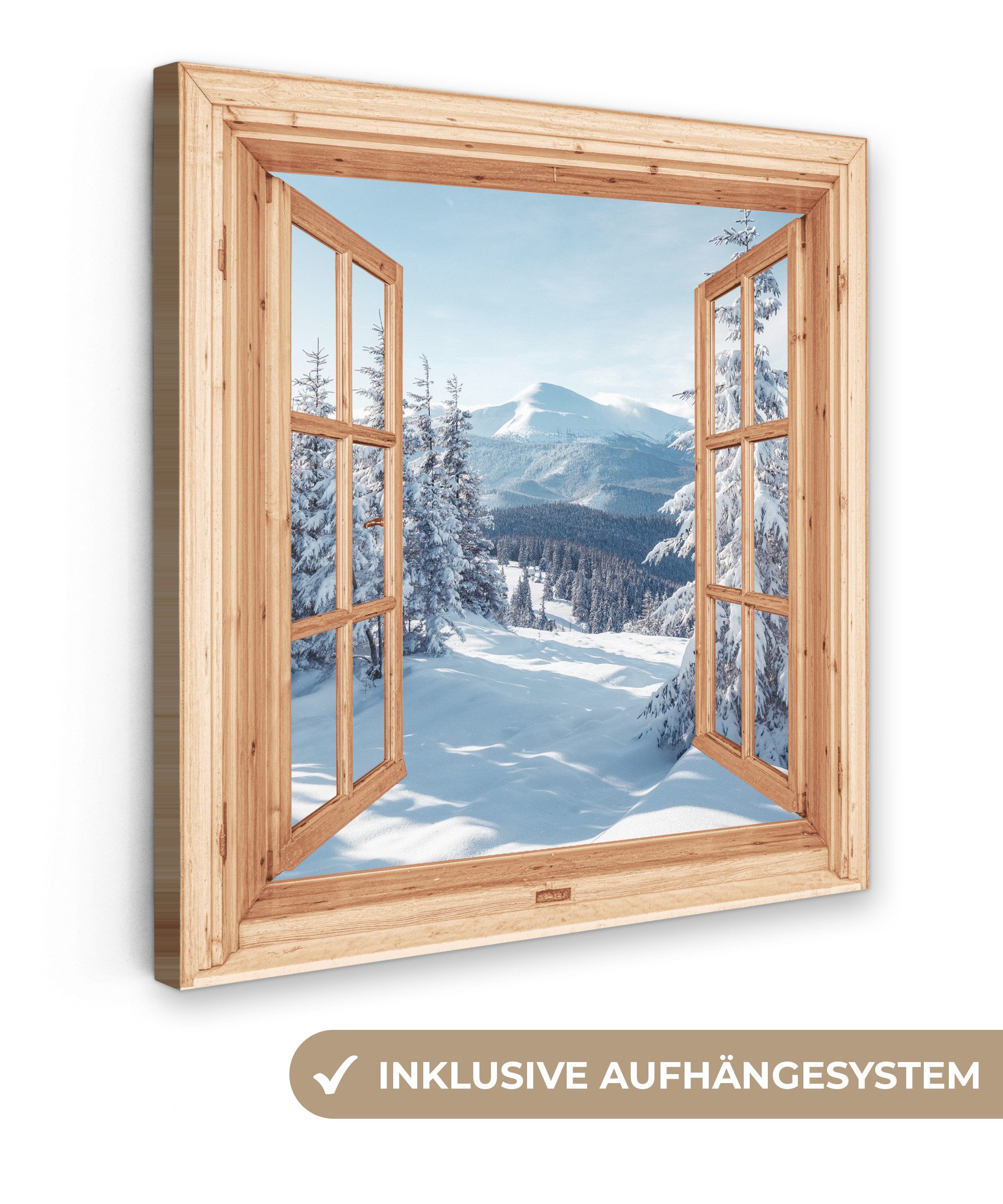 OneMillionCanvasses® Leinwandbild Durchblick - Winterlandschaft - Natur - Berg - Bäume - Holz, Fotodruck (1 St), Wandbild, Deko Schlafzimmer Wohnzimmer Flur 20x20 cm