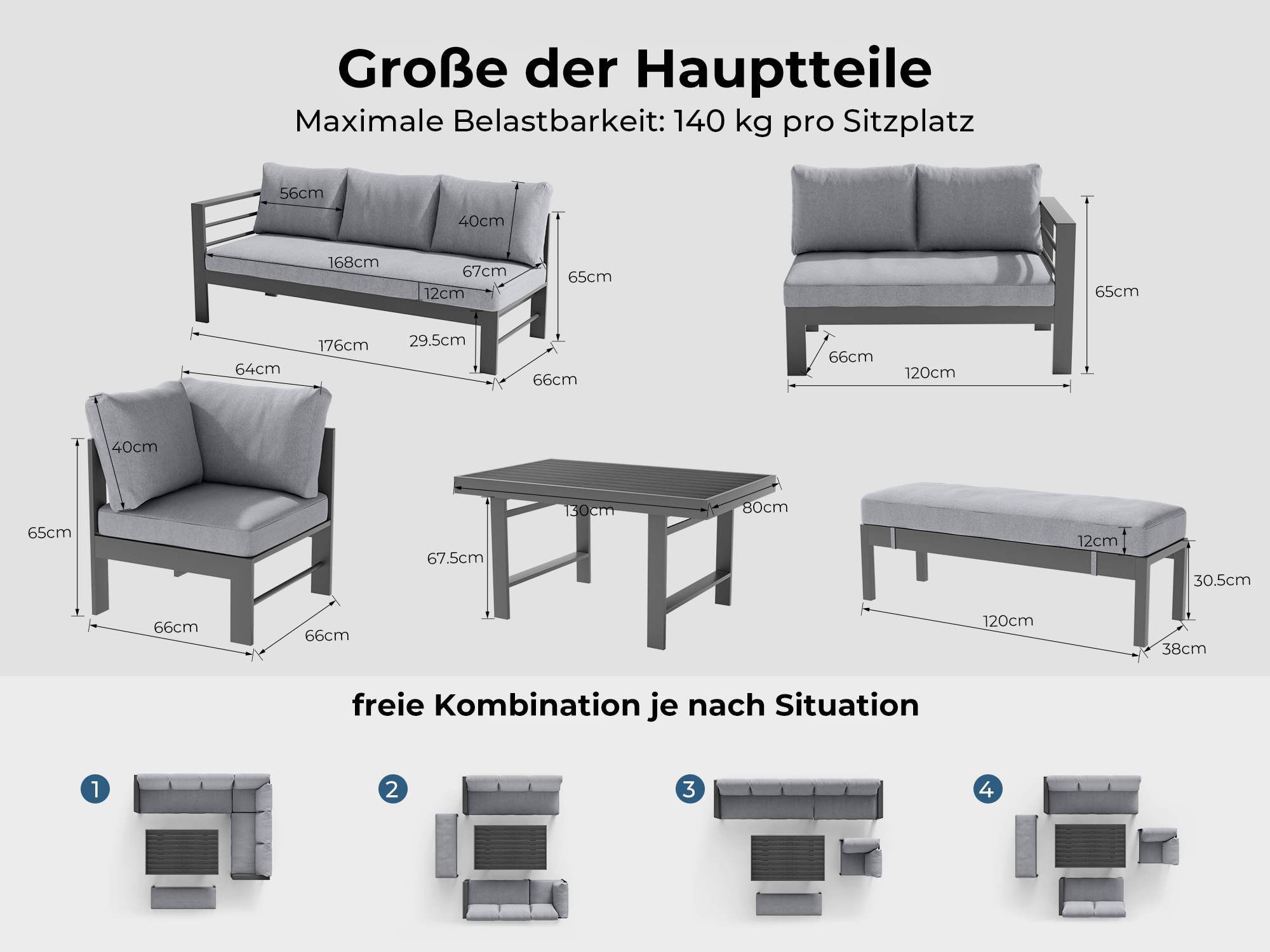 MeXo Gartenlounge-Set XXL Gartenmöbel Set Aluminium für 6-8 Personen, (Dining Loungeset Outdoor, 5-tlg., mit 12 cm dicken Sitzkissen, pflegeleichte Polywood-Tischplatte), wetterfeste Ecklounge mit Esstisch