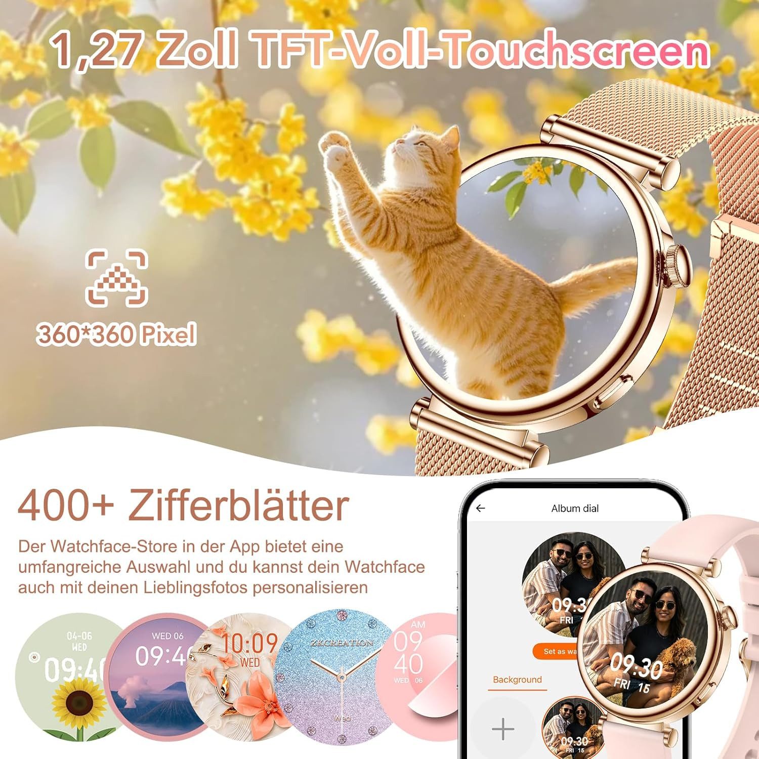 CIVO i109 Smartwatch (3,2 cm, android ios), Damen Smartwatch mit rundem 1.32" Display, Bluetooth Telefonie