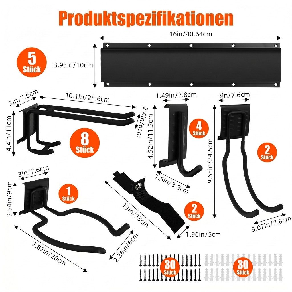 XEOOCE Klemmhalter 80-Zoll-Werkzeug-Wandhalterung mit 15 Haken und 2 Gurten, 6-tlg.