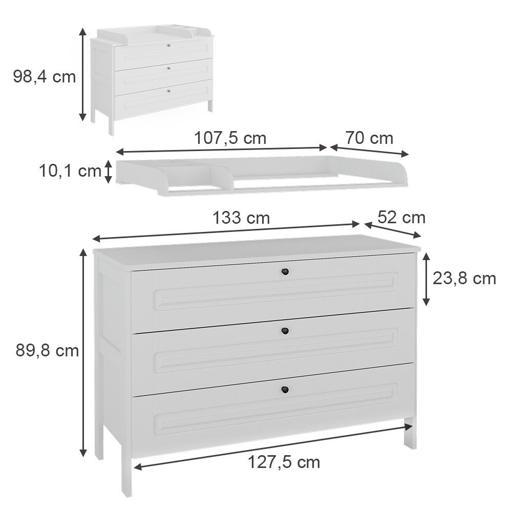 VitaliSpa® Wickelkommode Ajaton, Weiß, 133 x 98.4 cm mit 3 Schubladen
