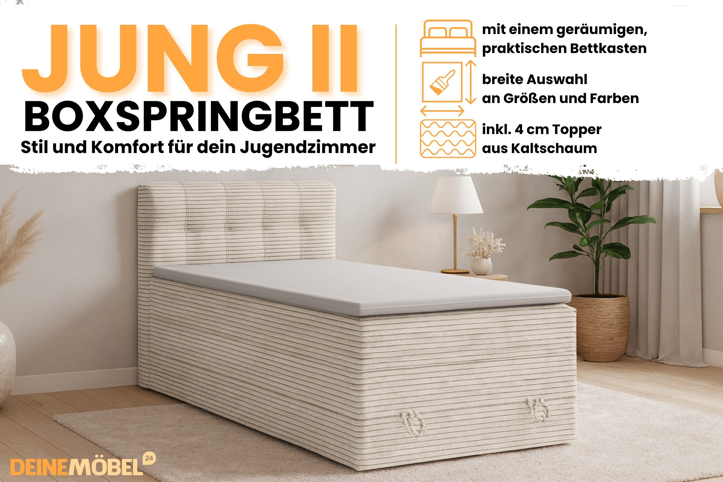 Deine Möbel 24 Boxspringbett JUNG 2 Polsterbett Komplettbett Hotelbett Cord-Stoff inkl. Topper (für Jugendliche Jugendbett Cord Beige Creme Grau Schwarz Anthrazit, 3-St., Bonellfederkernmatratze H3 Taschenfederkernmatratze H4), 90x200 100x200 120 cm Einzelbett Boxspring Hotelbett Veloursstoff