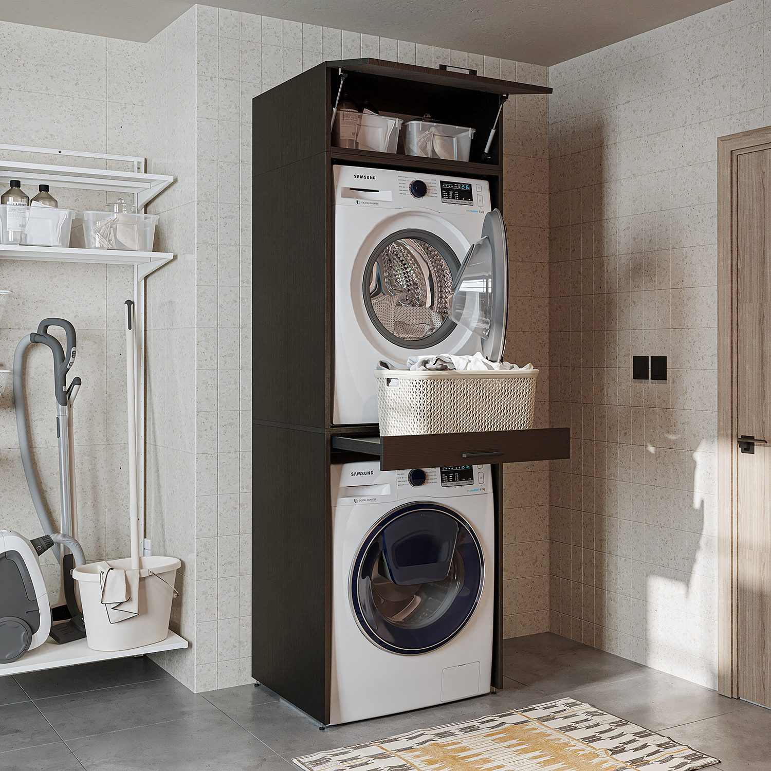 Roomart Waschmaschinenumbauschrank Waschplatz für Waschmaschine & Trockner mit Ausziehbrett & Hochschrank (Waschmaschinenschrank für Trockner und Waschmaschine Überbauschrank)