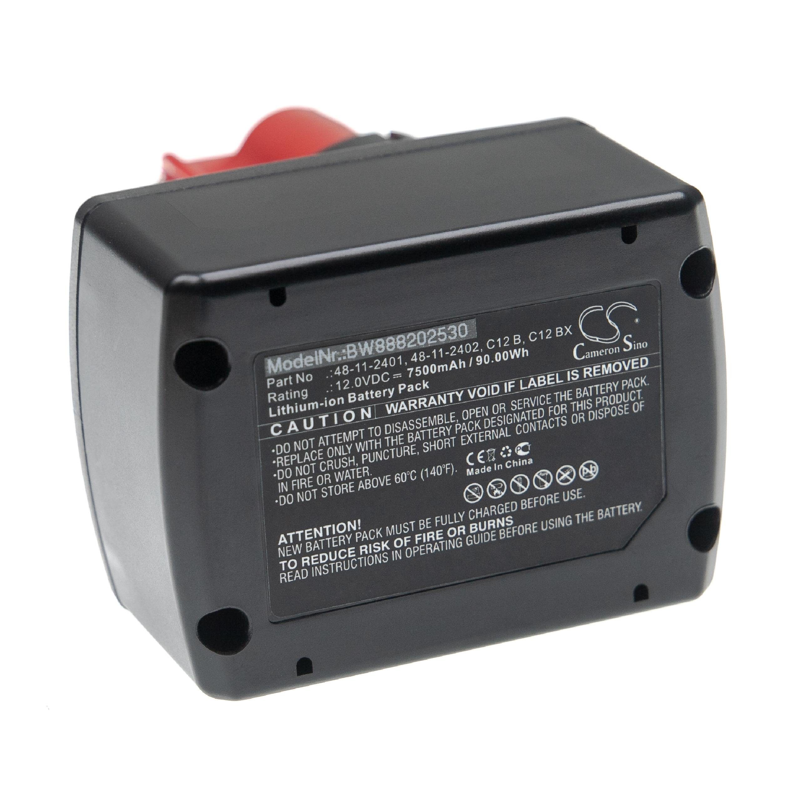 vhbw Akku Ersatz für Baugleiche Originalteilebezeichnung Milwaukee 48-11-2401, 48-11-2402, 48112401 für Elektrowerkzeug (7500mAh, 12V, Li-Ion) 7500 mAh