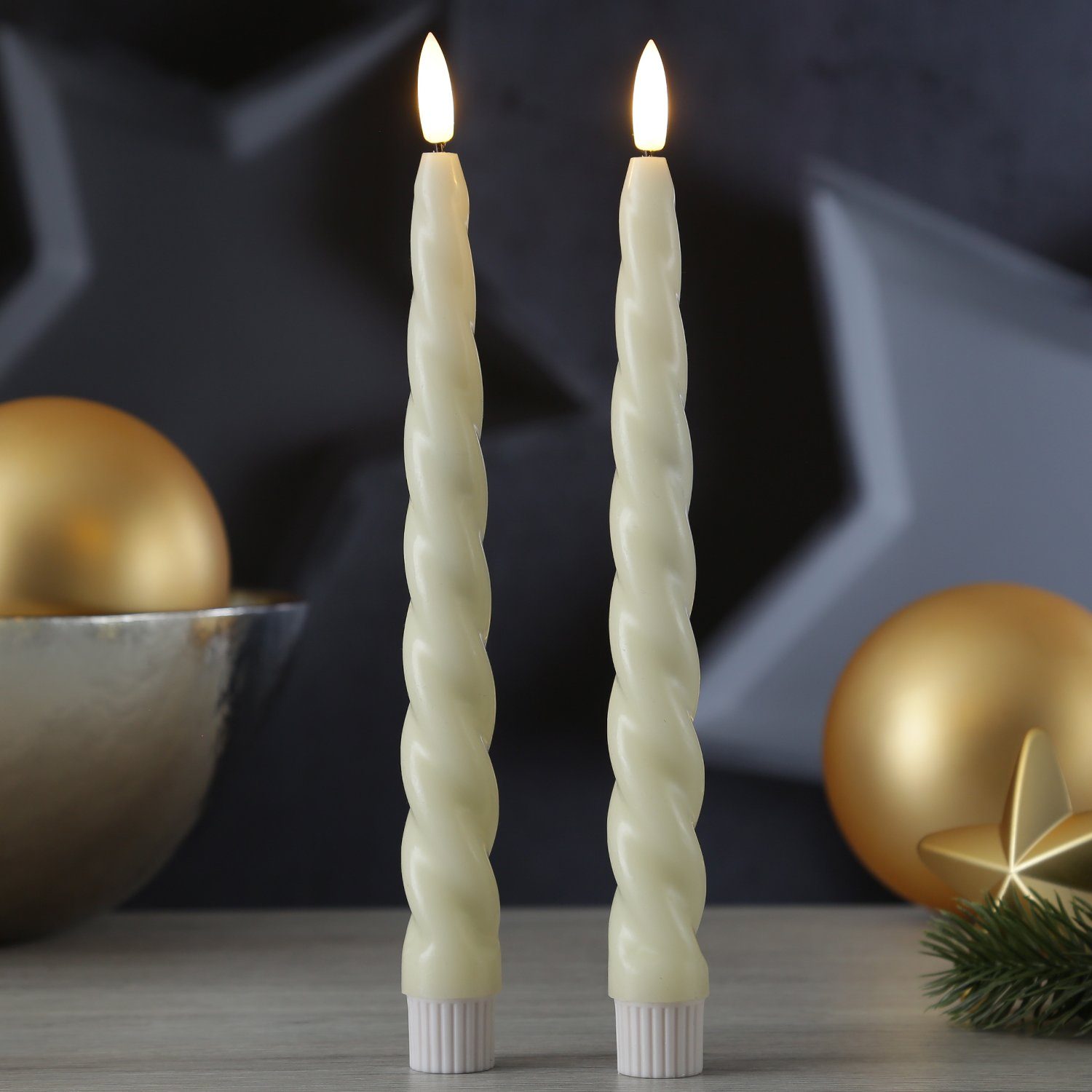 MARELIDA LED-Kerze LED Stabkerzen Twist Tafelkerzen gedreht Echtwachs H: 25cm creme 2St, LED Classic, warmweiß (2100K bis 3000K) – Bild 3 von 3