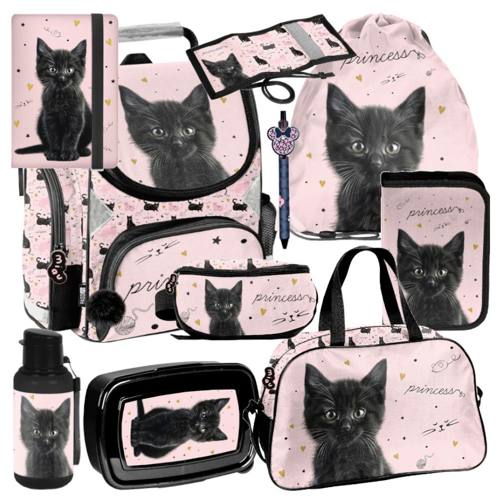 PASO Schulrucksack (Schulset, 10-tlg), Katze, 10-tlg. Set, Rosa