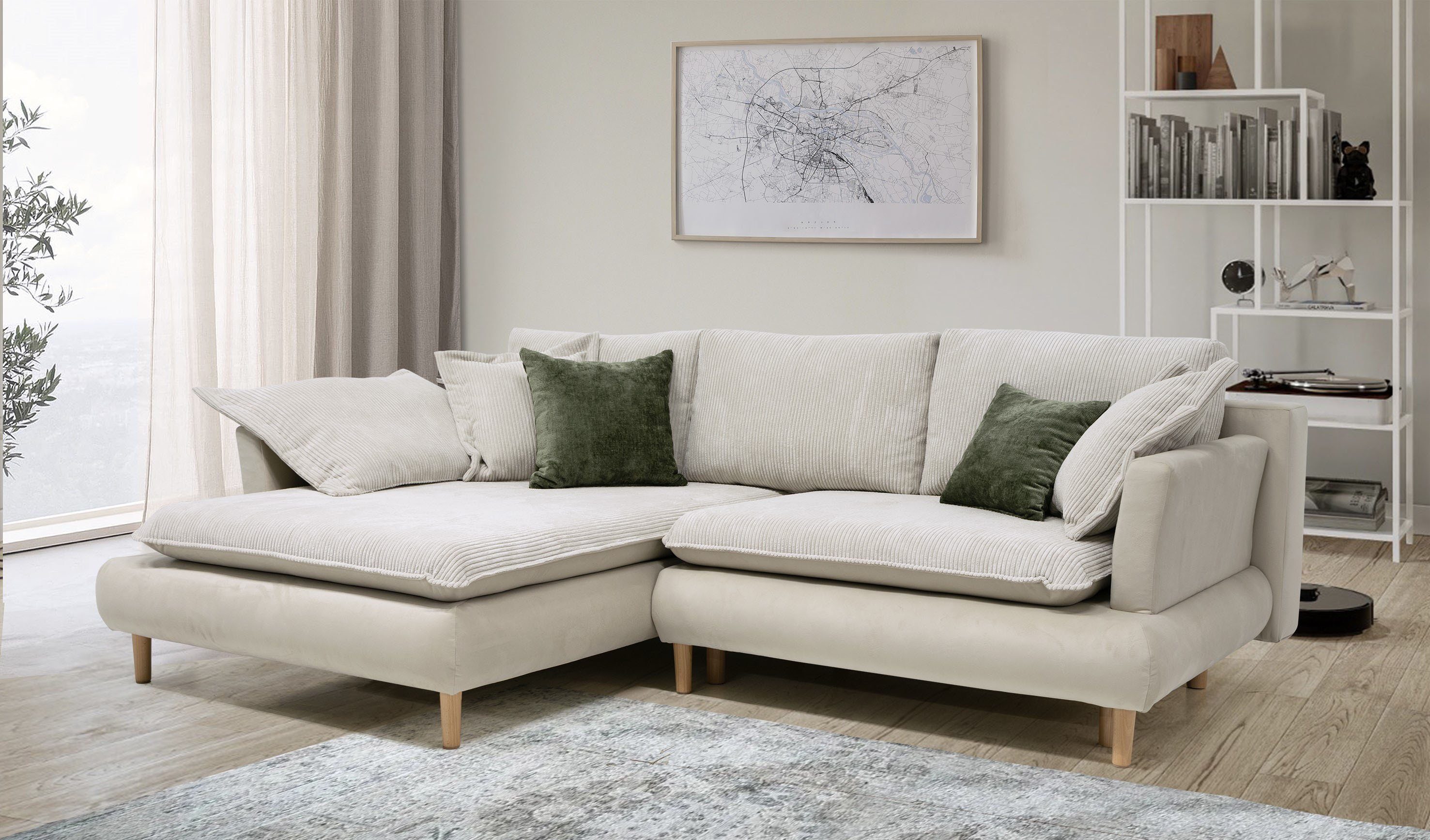 COLLECTION AB Ecksofa Mandela L-Form, B: 264 cm, Bettfunktion, Bettkasten & 5 Zierkissen, Federkern