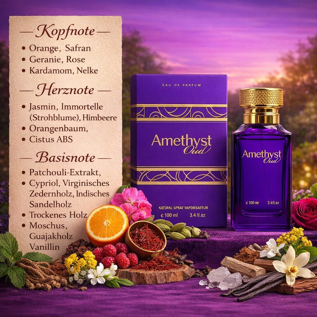 Attar & Co London Eau de Parfum Amethyst Oud Intense, Unisex, Rich Floral & Sweet, 100 ml, 1-tlg., Hergestellt in England, Florale Süße, Rose, Jasmin und Himbeere