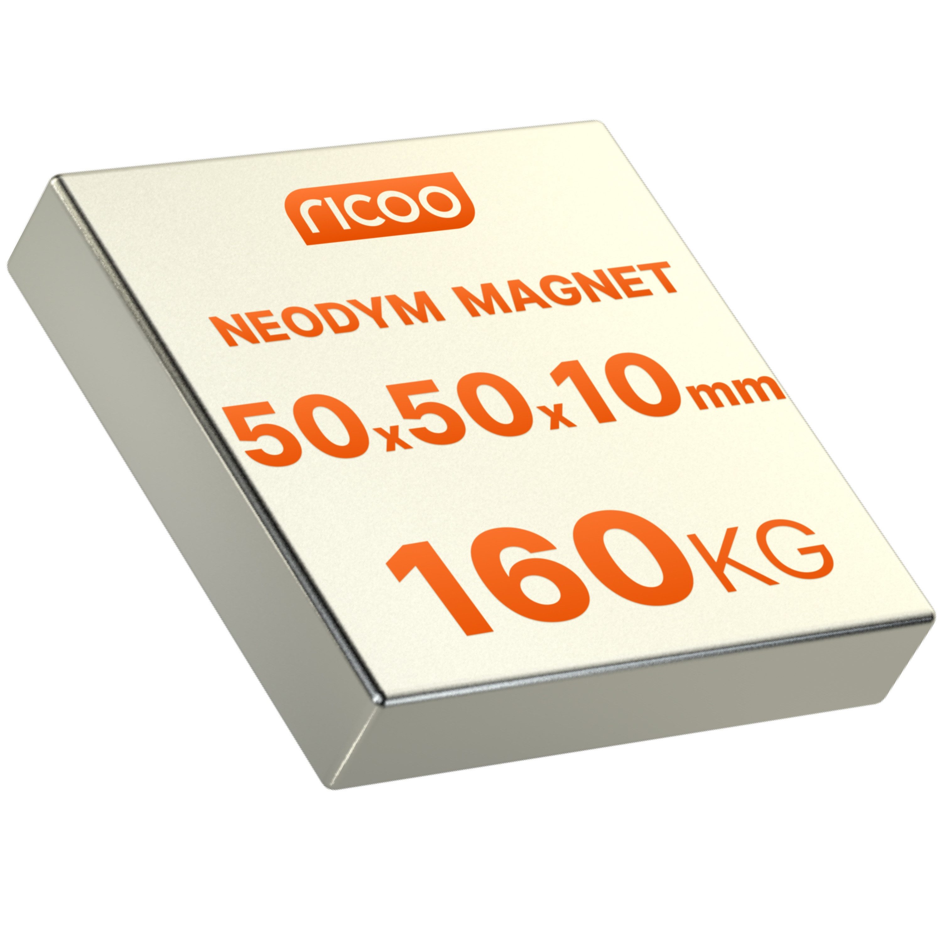 RICOO Magnet Neodym Magnet Extra Starke NEODYMMAGNET (1-St., 50x50x10 mm N45 Rechteck Haftkraft bis 160Kg), Quadermagnet sehr starker Quader Breite x Tiefe x Höhe 5 x 5 x 1cm