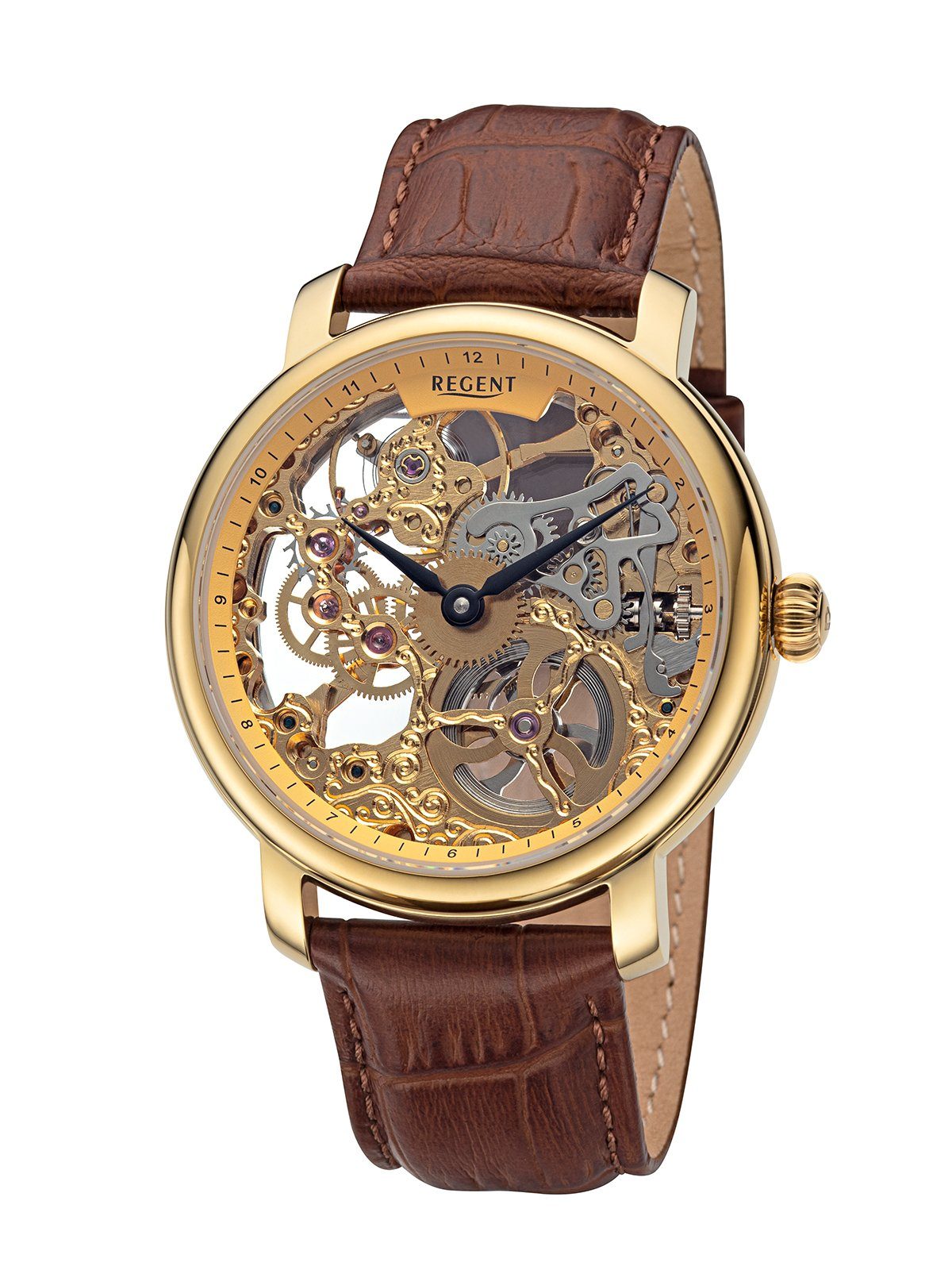 Begrenzter Lagerbestand Regent Mechanische Uhr Handaufzug, Skelett-Uhrwerk, gold in Made GM-2205, Germany Lederband