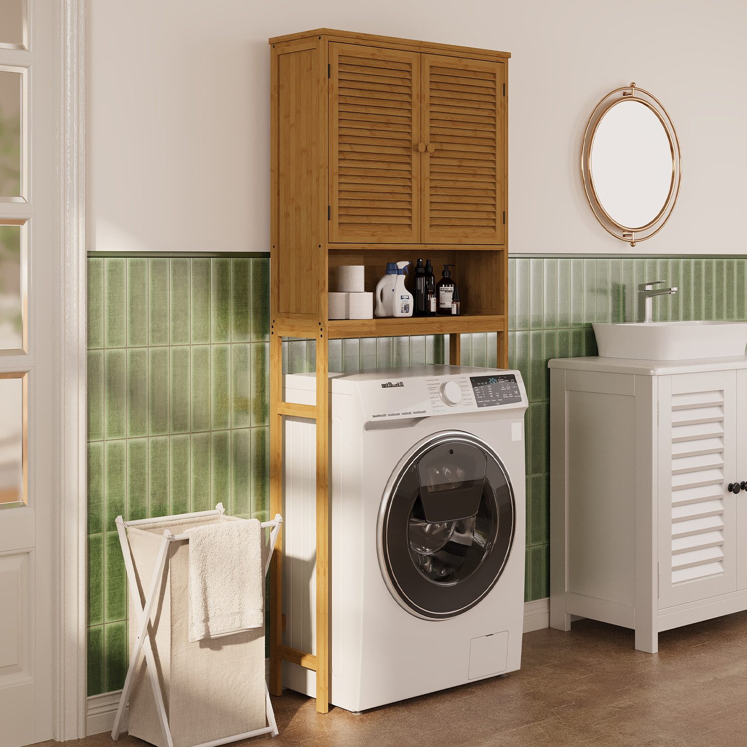 Bealife Badkommode Hochschrank Badschrank mit 3 offenen Fächern, 1 Schubladen, Weiß (mit Türen, 65 x 22 x 163.5 cm, für Waschmaschine und Wäschetrockner)