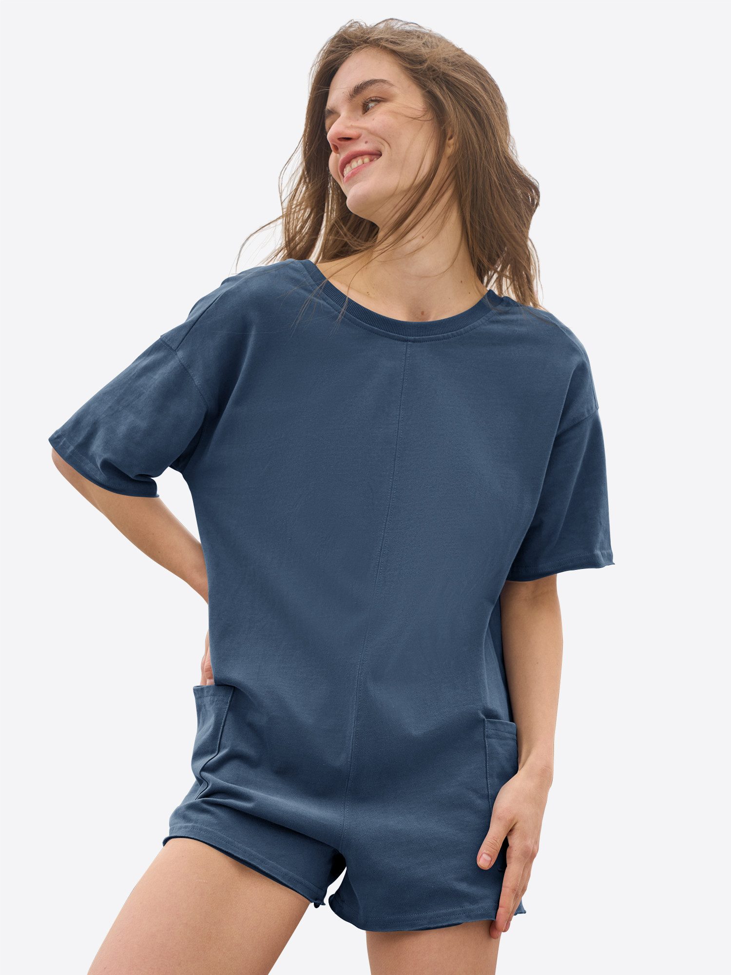 Imily Bela Jumpsuit Damen Hausanzug Rundhals Halbarm Eingrifftaschen Loose Loungewear (Packung, 1-tlg., 1per-Pack) aus Baumwolle mit Rücken-V-Ausschnitt in Unifarbe