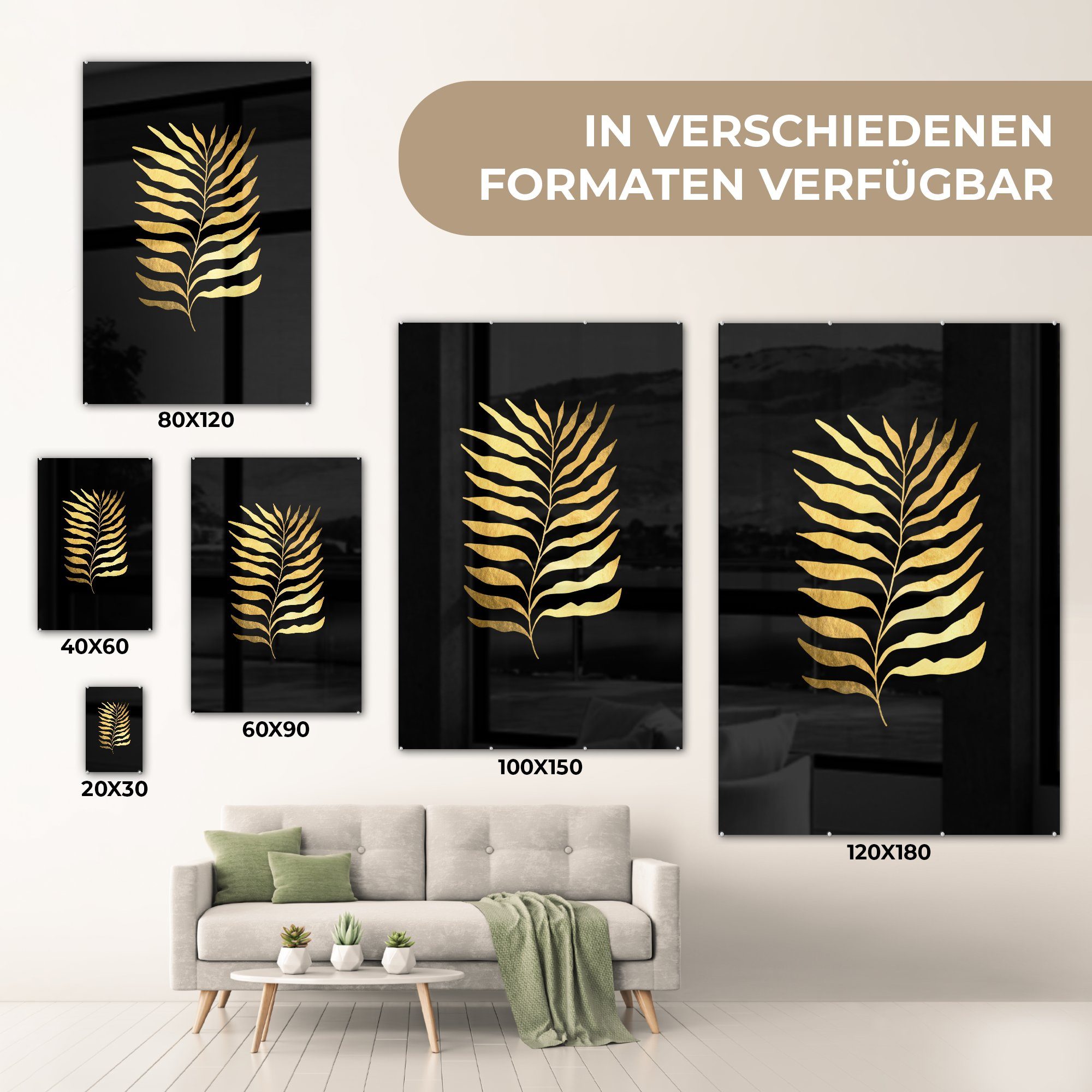 MuchoWow Acrylglasbild Blätter - Natur Foto Glasbilder Glas auf Glas - St), Gold - Wandbild Wanddekoration Bilder auf - - - Design, - (1 Luxus