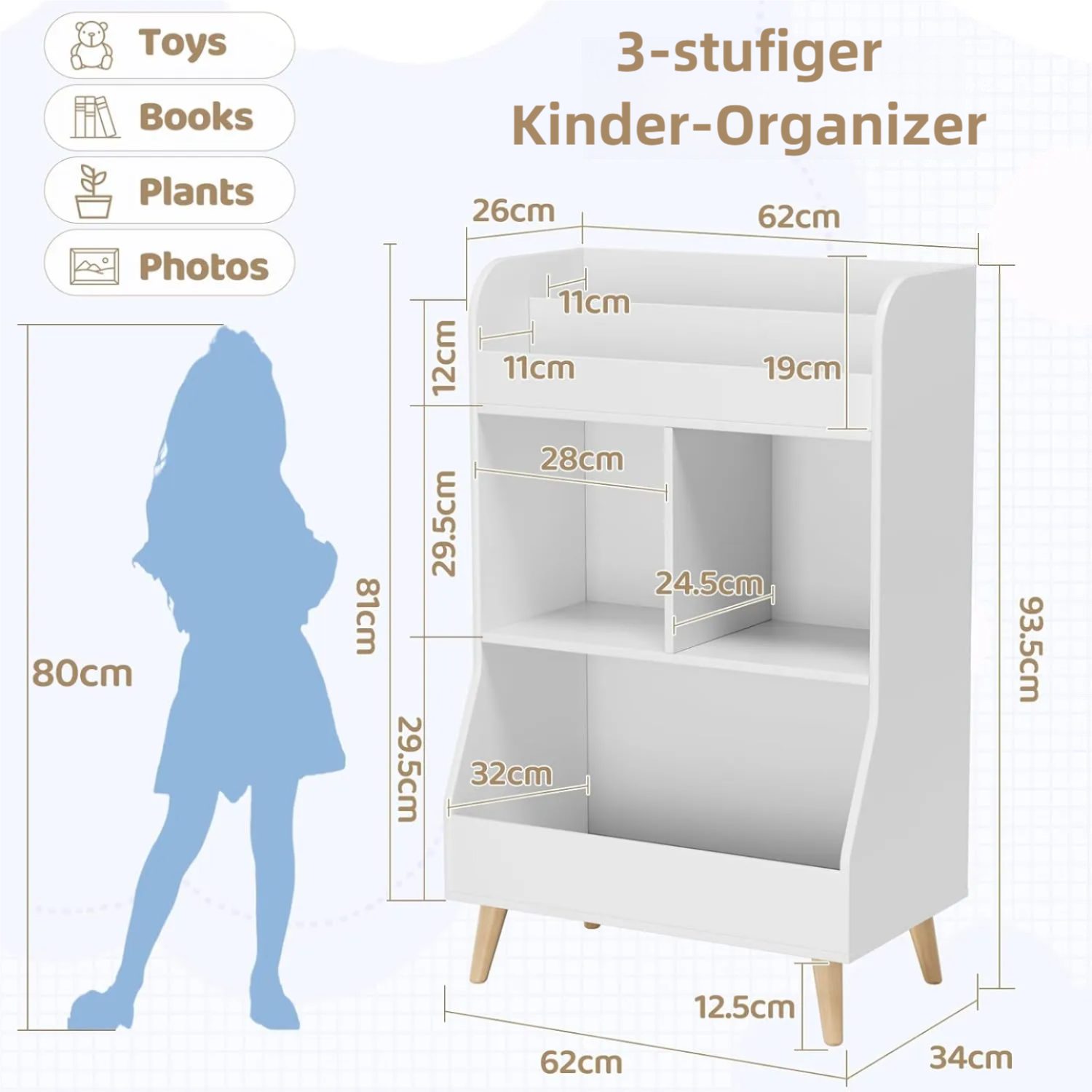 TLGREEN Spielzeugtruhe Kinderregal Bücherregal (Spielzeug Aufbewahrung,Spielzeugregal Kinderregal, 34T x 62B x 93,5H cm), 2Ablagefächern,3 offenen Fächern