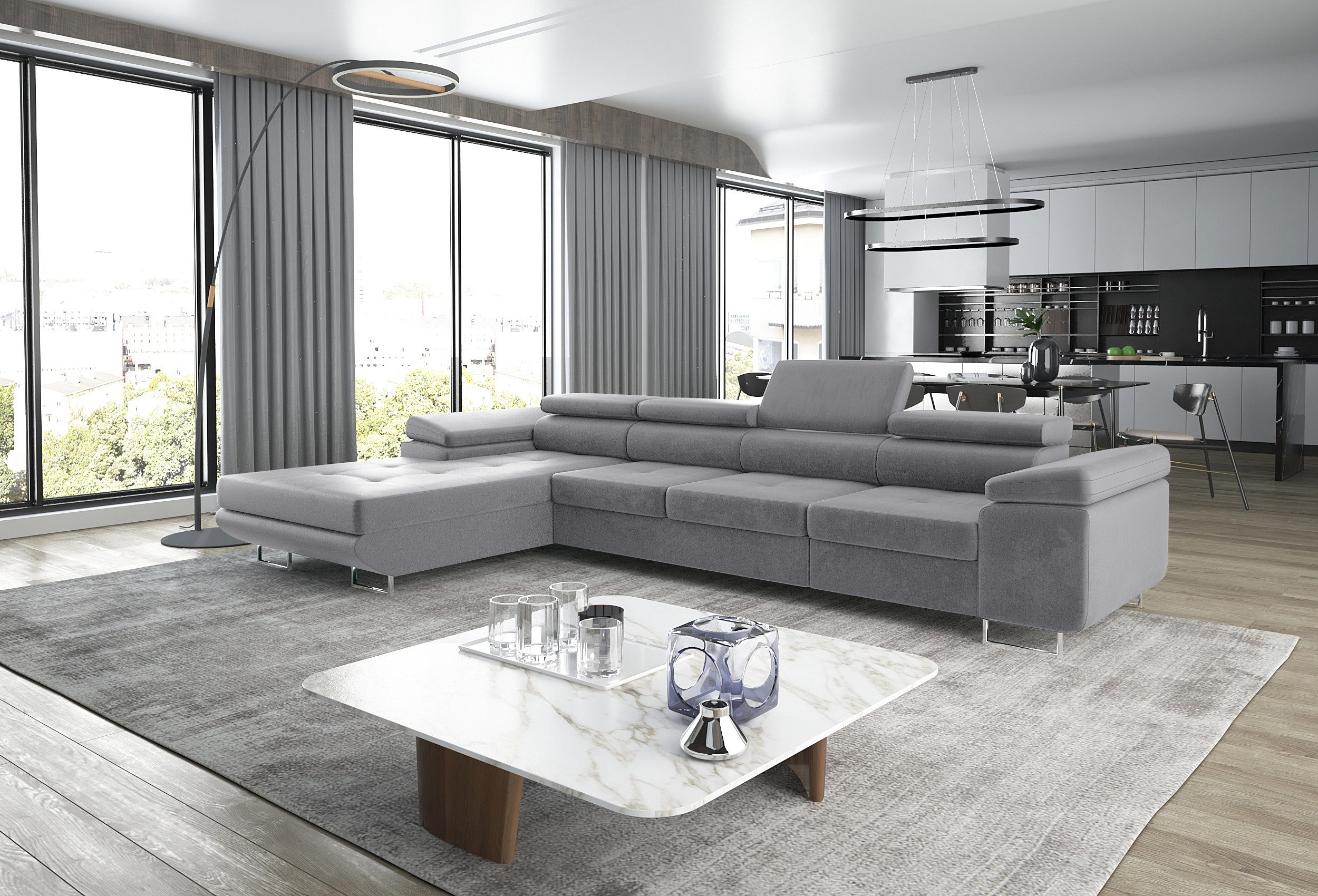 thematys Ecksofa ALVARO MAXI 355 x 204cm mit Schlaffunktion & Bettkasten –, L-Sofa mit 4 verstellbaren Kopfstützen, Samt (Monolotith), oder Cord (Poso) - L-Form, XL-Wohnlandschaft, 355 cm breit