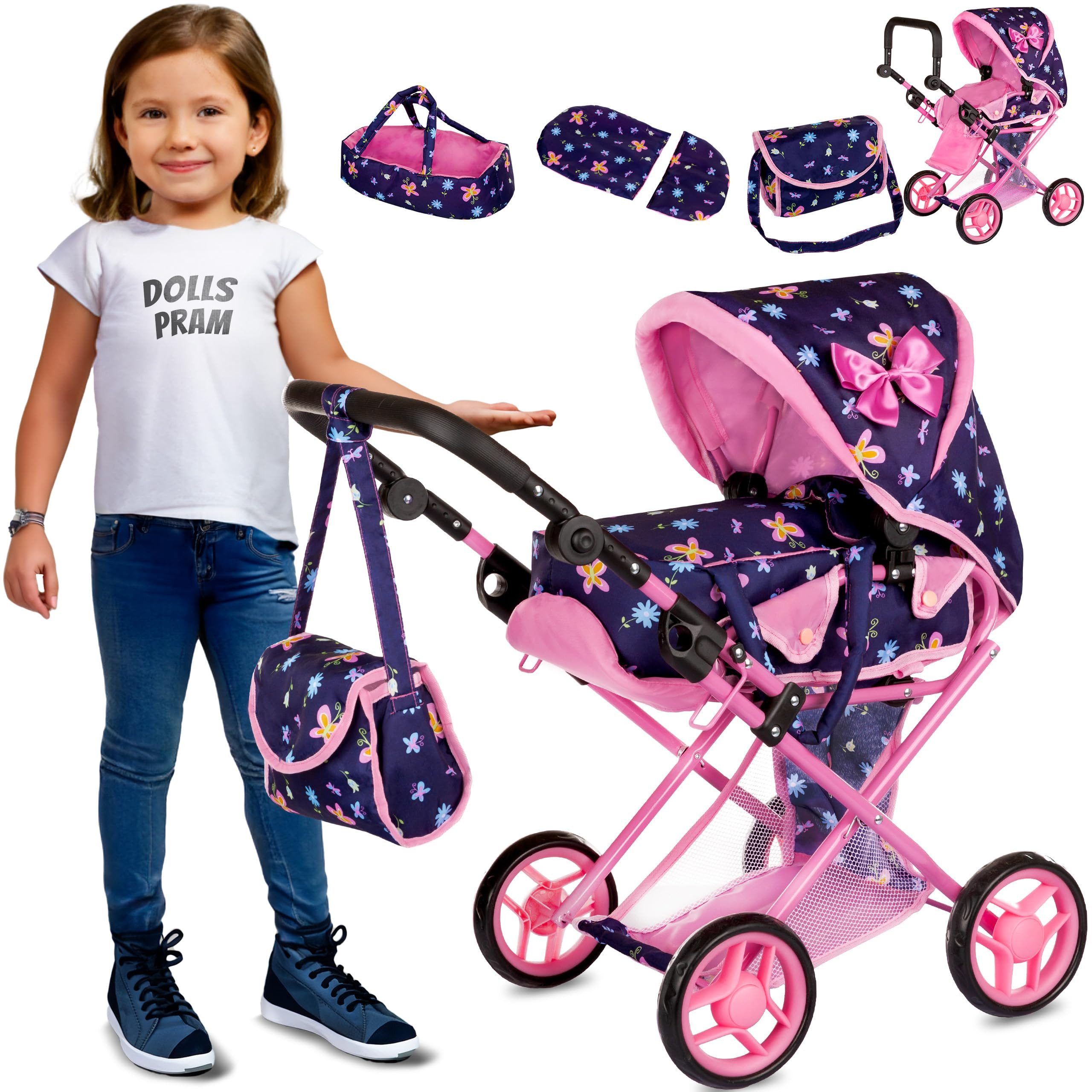 kinderplay Puppenwagen Puppenwagen 3in1 – verstellbar – Spielset ab 3 Jahren – faltbar, (Set)