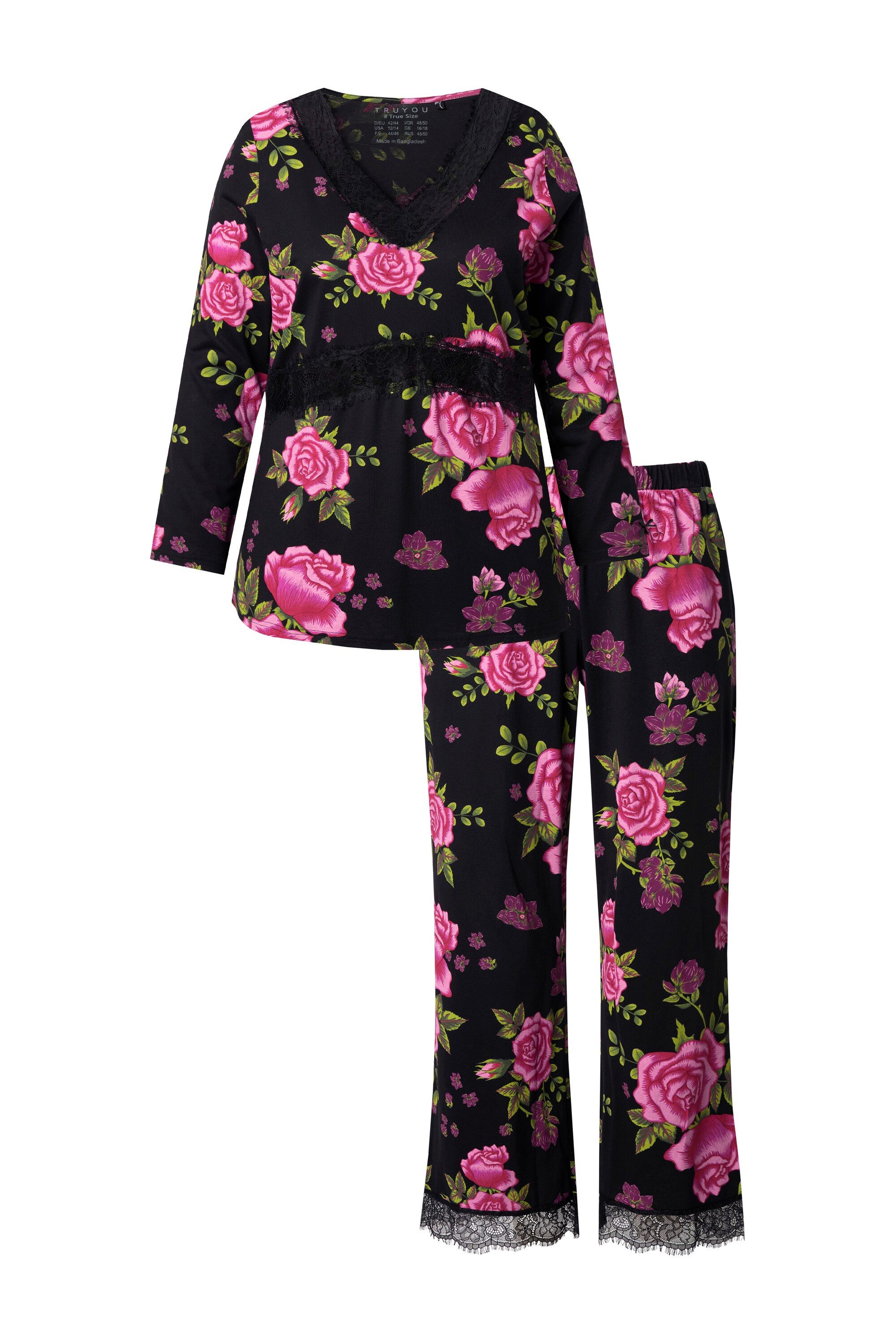 Ulla Popken Pyjama TruYou Pyjama Zweiteiler Rosen Spitze günstig online kaufen
