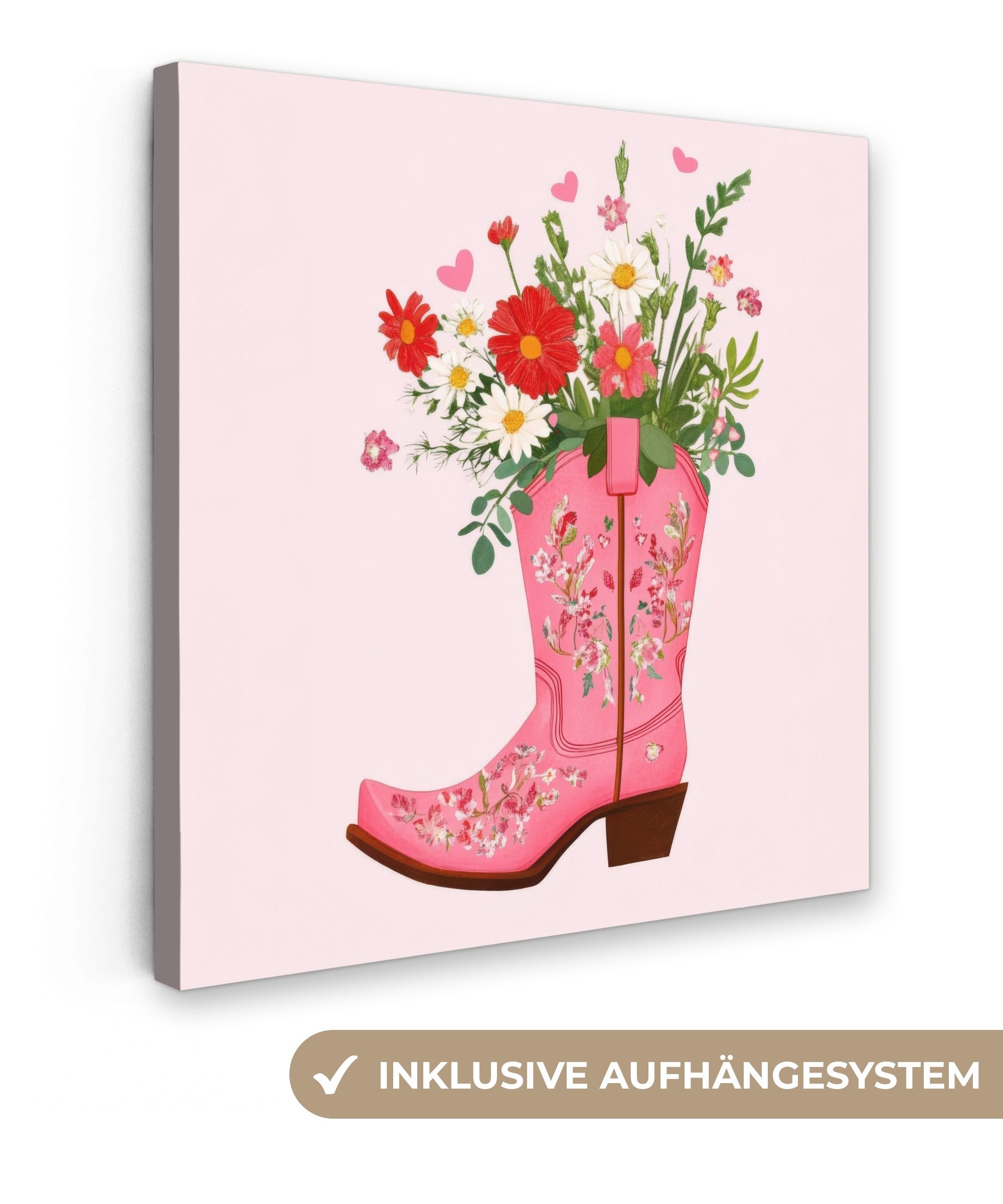 OneMillionCanvasses® Leinwandbild Cowboystiefel - Rosa - Strauß - Blumen, Fotodruck (1 St), Wandbild, Deko Schlafzimmer Wohnzimmer Flur 20x20 cm