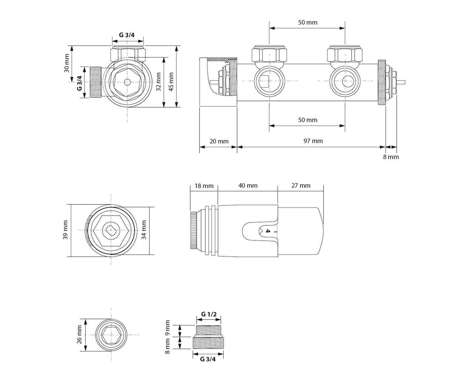 HAGO Heizkörperthermostat BHK 50 mm Mittelanschlussgarnitur inkl. Thermostatregler, Multiblock