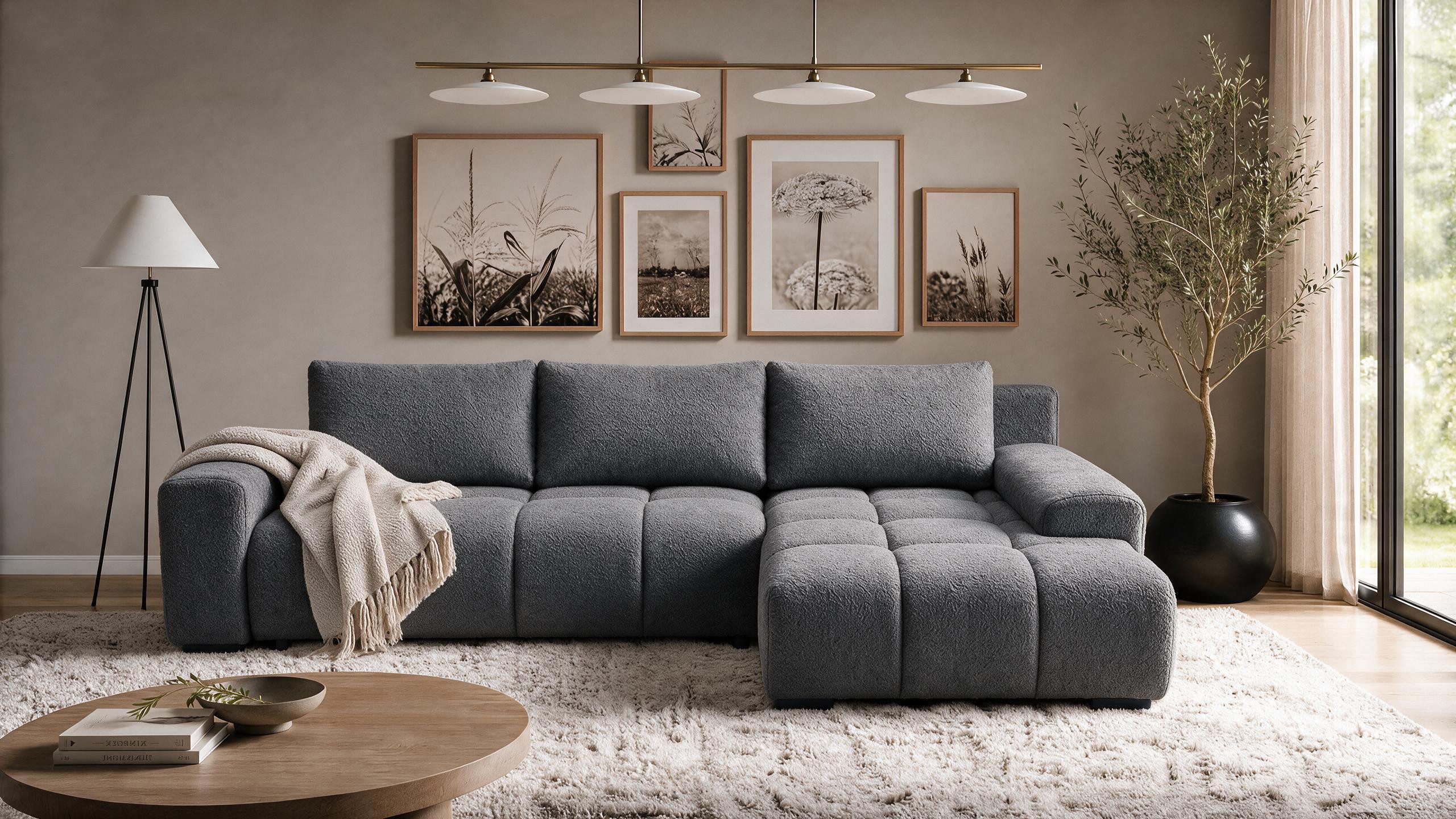 storez24 Ecksofa Ovia, mit Bettkasten und Schlaffunktion, Bouclé-Stoff, L-Form, bequem