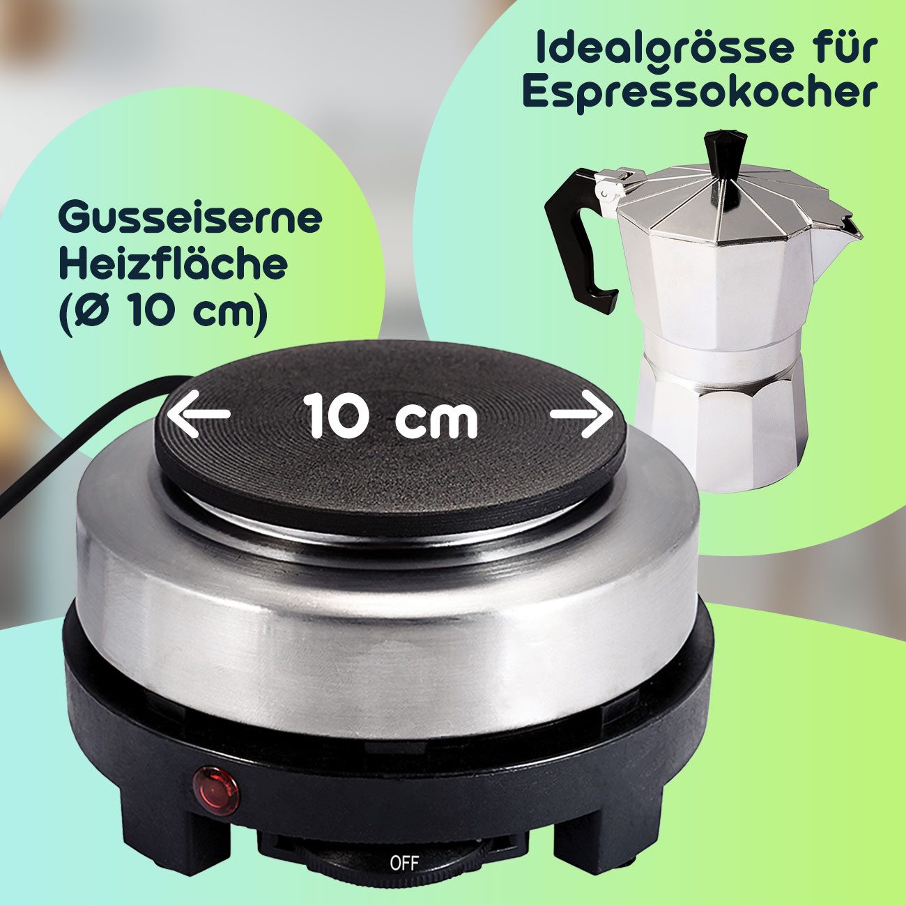 Casativo Einzelkochplatte Mini-Einzelkochplatte mit Espressokocher, 500W Camping-Set 150ml, 500W Mini-Kochplatte Gusseisen-Feld & Alu-Espressokocher für 3 Tassen
