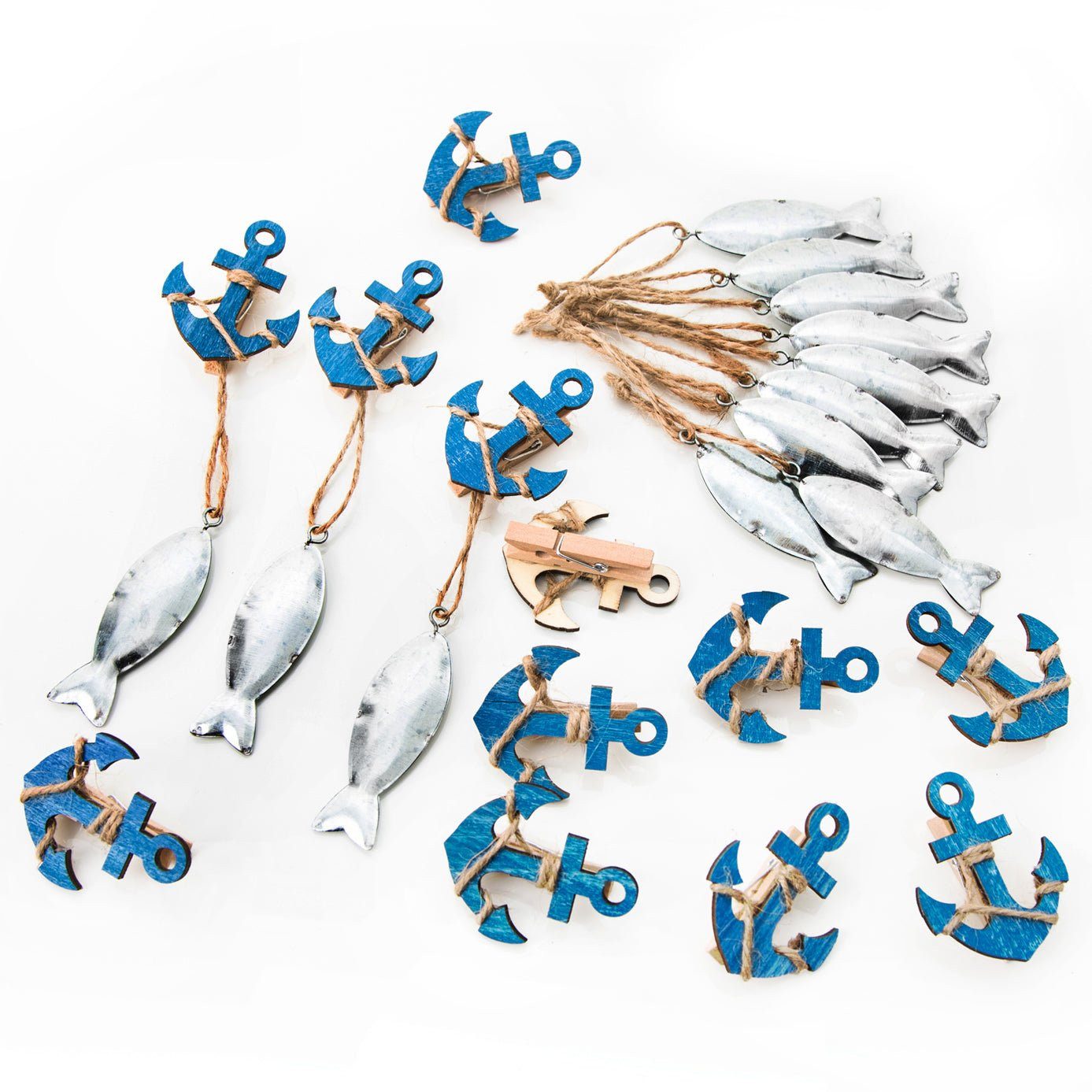 Logbuch-Verlag Dekofigur 24 Teile Set maritime Deko: 12 blaue Holz Anker Deko Klammern + 12