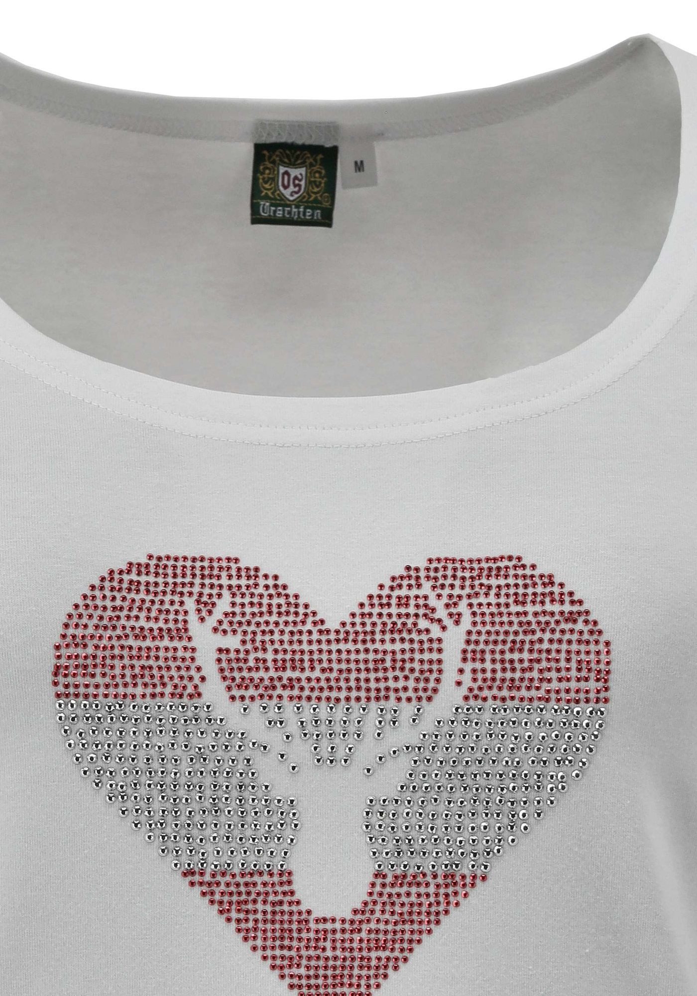 OS Trachten T-Shirt Karid Tailliert, Rundhalsausschnitt, Strass-Herz im Österreich-Flaggen-Stil