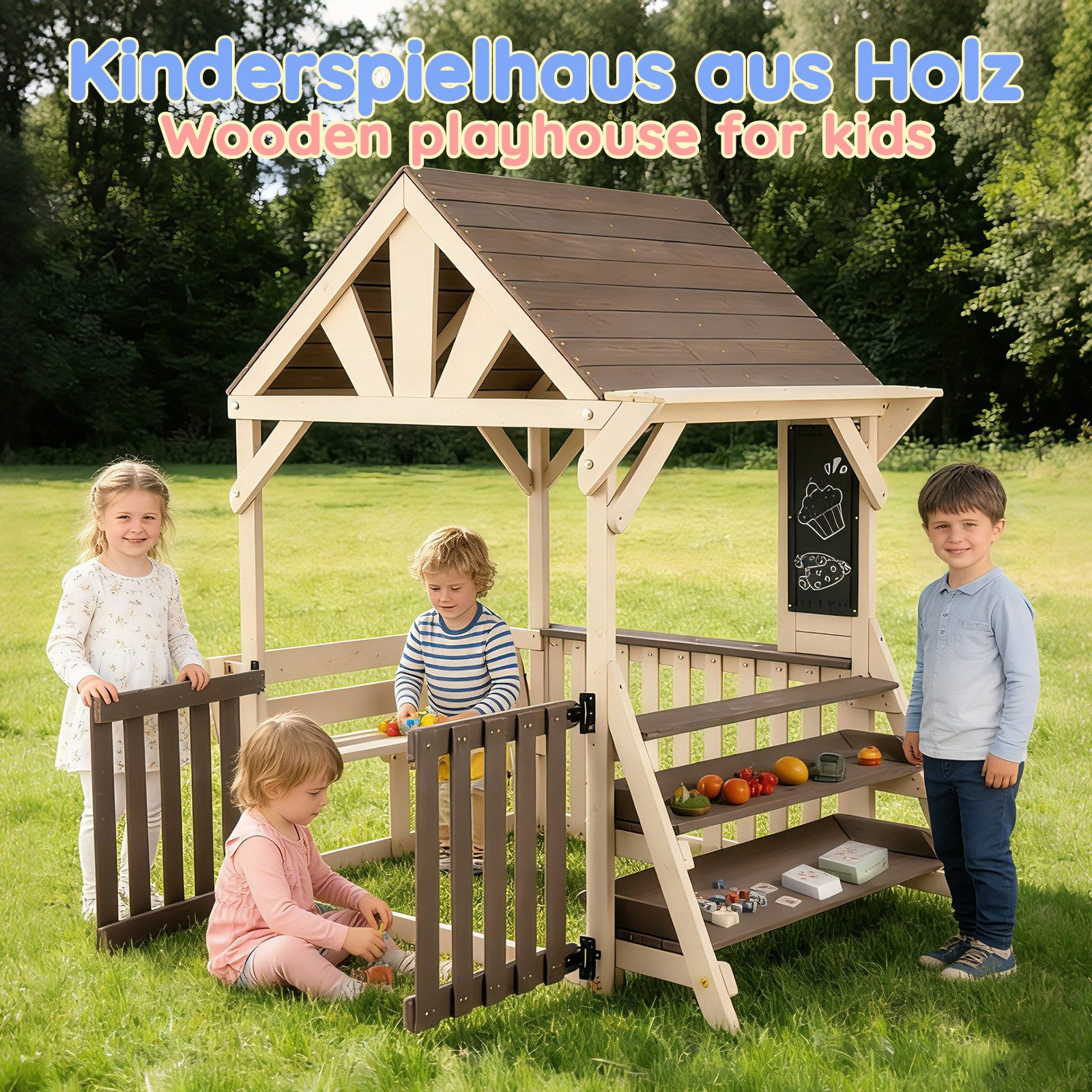 Flieks Outdoor-Spielküche Massivholz, Hausform Kinderküche Küchenset mit regensicherem Dach 147.5x114x156cm