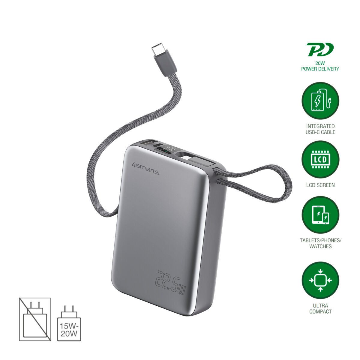 4smarts Powerbank Pocket Dual Cord Powerbank Powerbank, Kompakt und mobil: Ideal für Alltag und Reisen