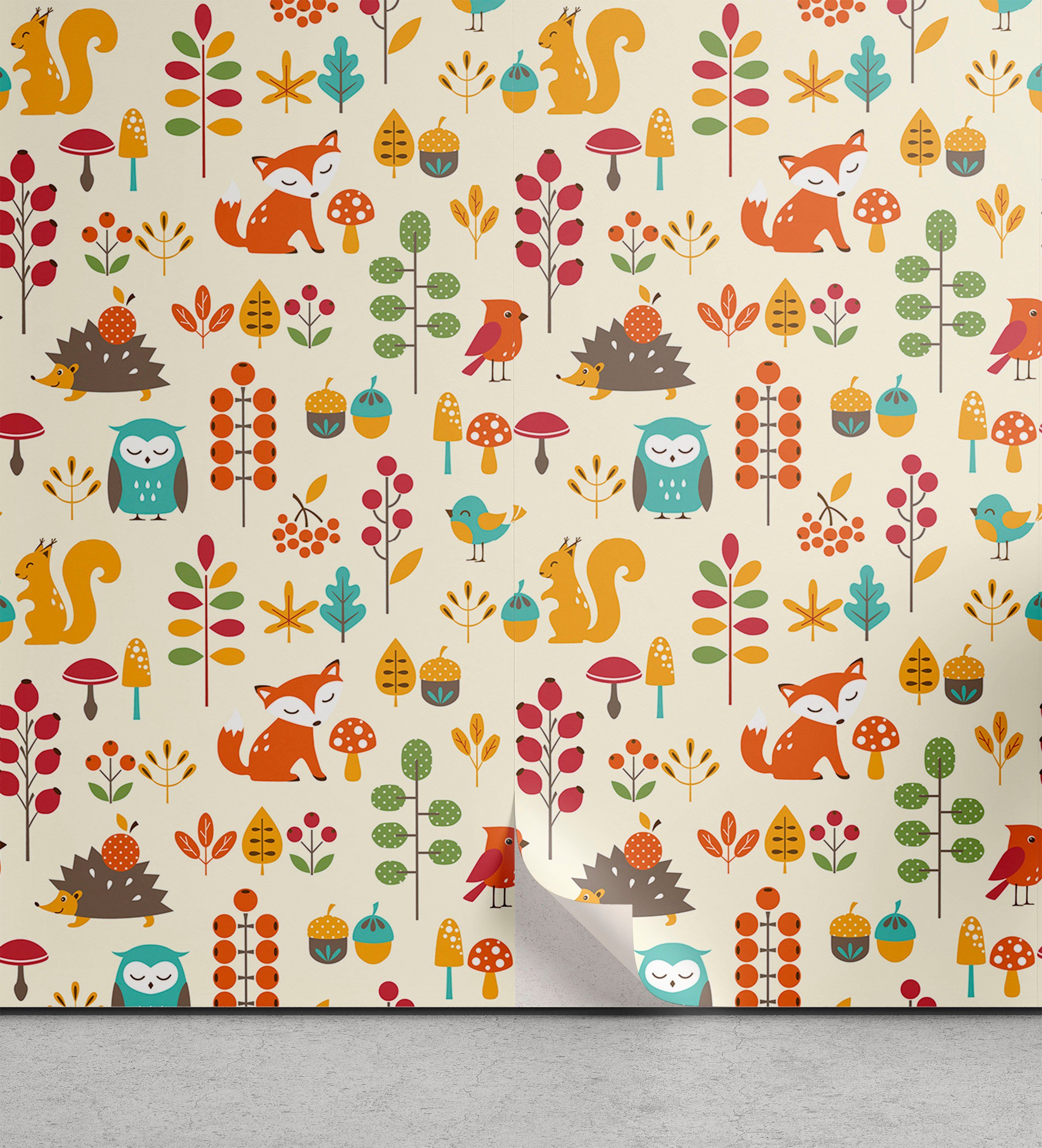 Abakuhaus Vinyltapete selbstklebendes Wohnzimmer Küchenakzent, Kinder Owl Fox-Eichhörnchen Vögel