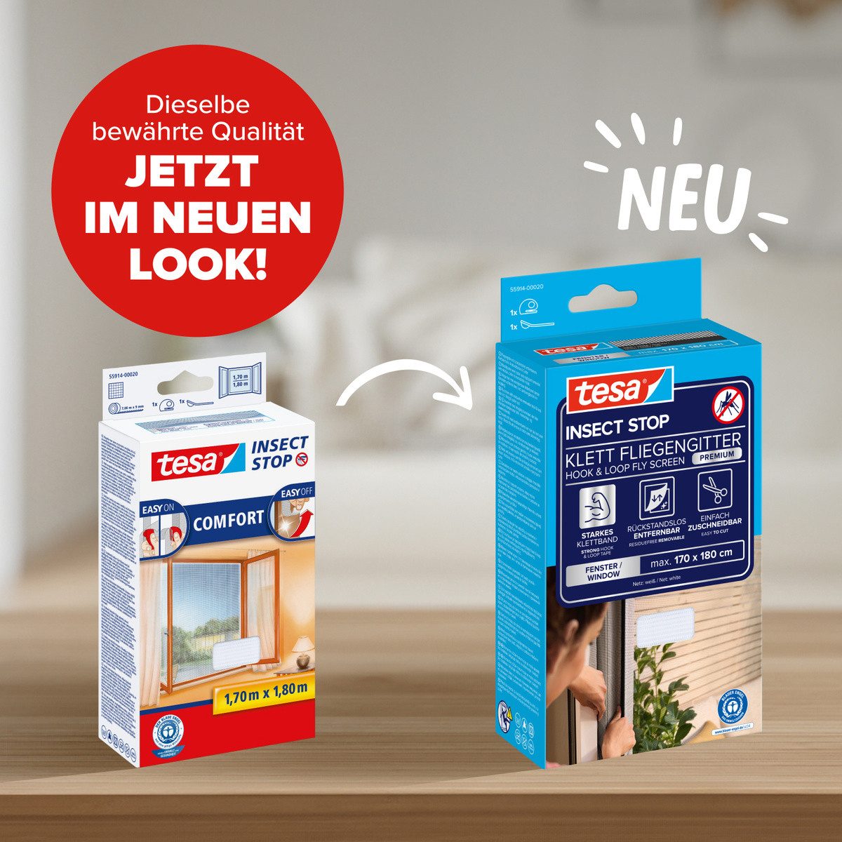 tesa Fliegengitter-Gewebe Premium für Fenster, Insektenschutz mit Klettband - 170x180 cm, (Packung, 1-St., Fliegennetz, Klettband, Andrück und Schneidehilfe), mit starkem Klettband, rückstandsfrei entfernbar, zuschneidbar