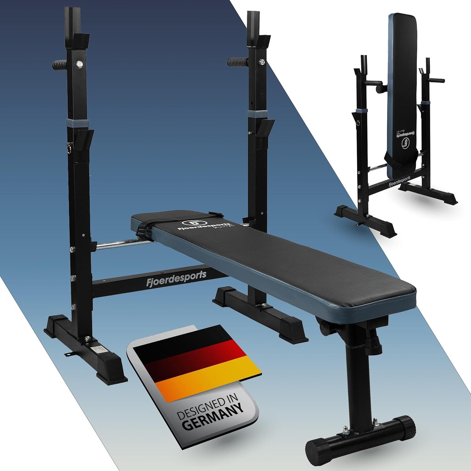 Fjoerdesports Hantelbank Faltbare Hantelbank mit Ablage für Langhantel & Dip-Station, (Trainingsbank mit Polsterung, Krafttrainingsbank, Bankdrücken, Fitness, Workout, Krafttraining, Hanteltraining, Liegestütze, verstellbare Lehne, bequeme Polsterung, 200 Kg max. Benutzergewicht, rutschfeste Standfüße, unterschiedlicheTrainingspositionen, Schrägbank, Hanteltraining, Heimtraining, Fitnesstudio), Fitness Hantelbank Fitnessbank Schrägbank Kraftstation