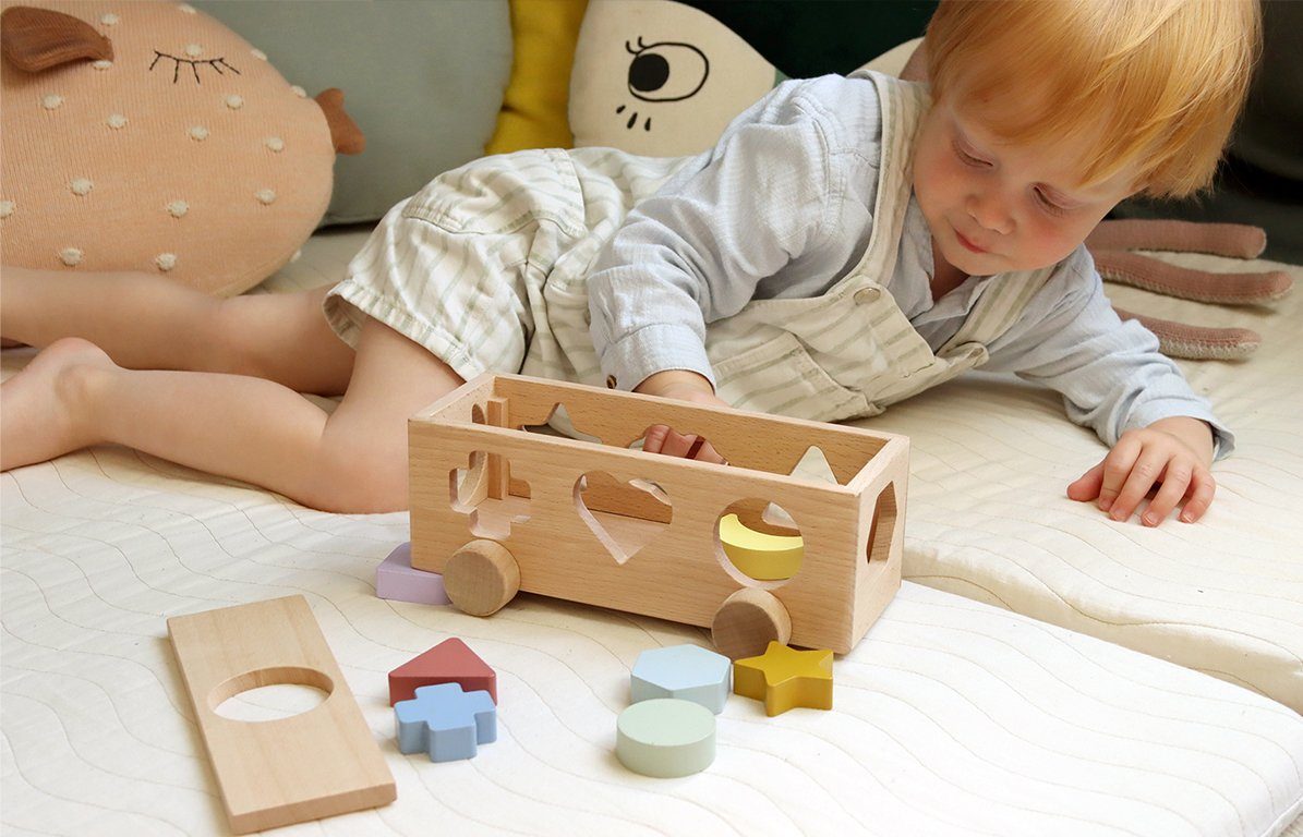 KINDSGUT Steckspielzeug Steckwürfel Auto, Holzspielzeug, Lernspielzeug